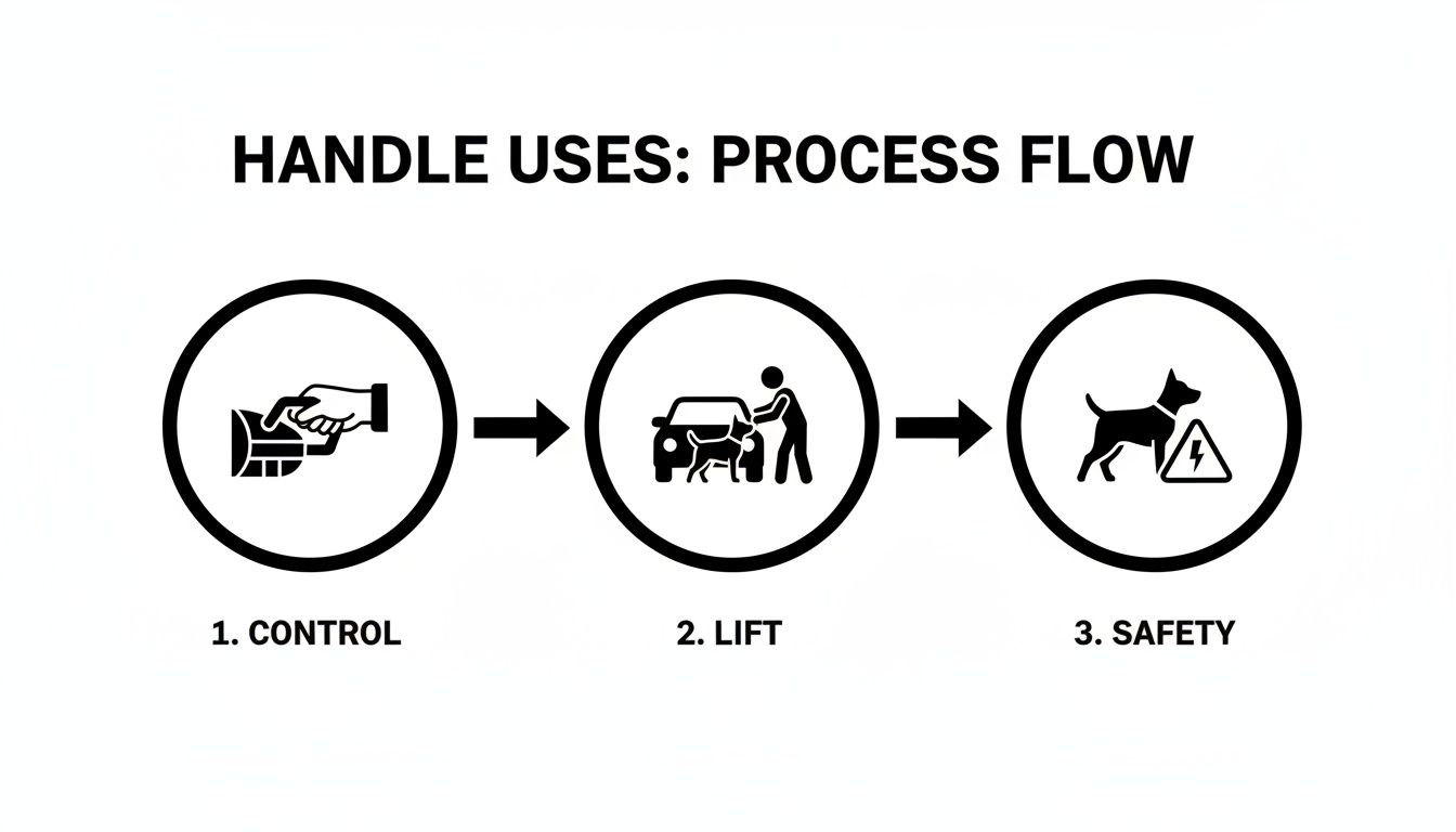 A three-step process flow illustrates handle uses: control, lift, and safety for dogs.