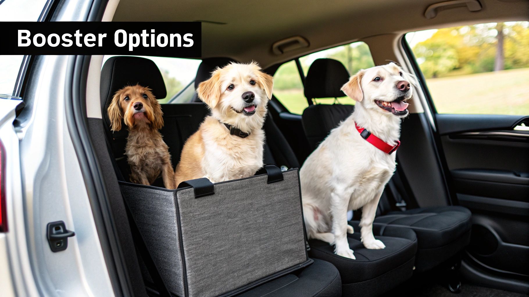 Three happy dogs in the back seat of a car, two in a gray booster seat, one on the seat.