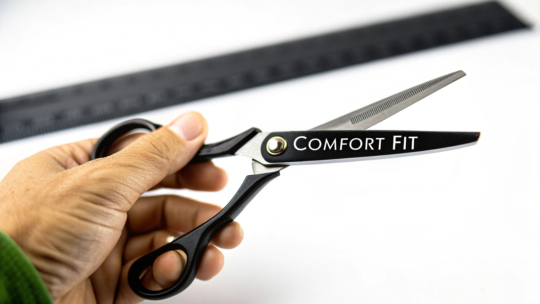 A hand holds black grooming shears with 'COMFORT FIT' text on the blade, on a white background.