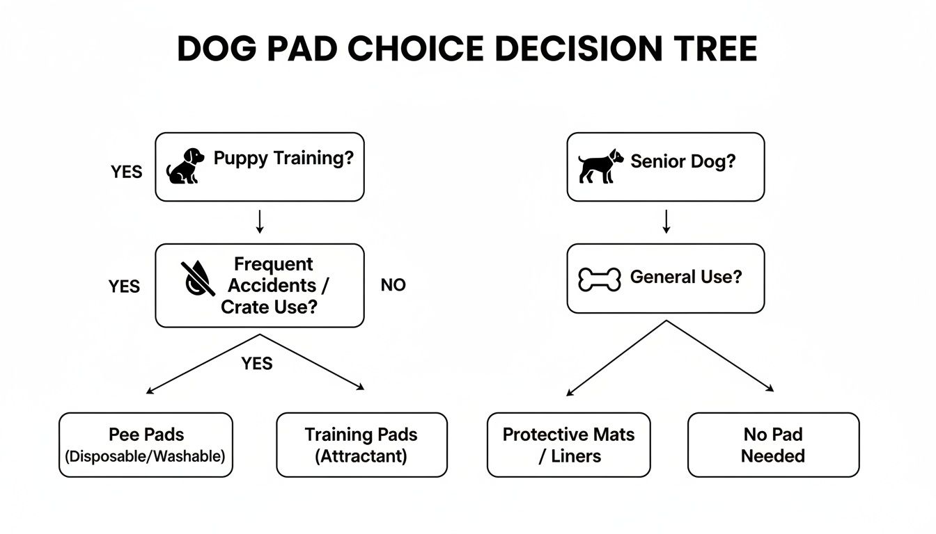 A dog pad choice decision tree guiding selection for puppies, senior dogs, and general use.