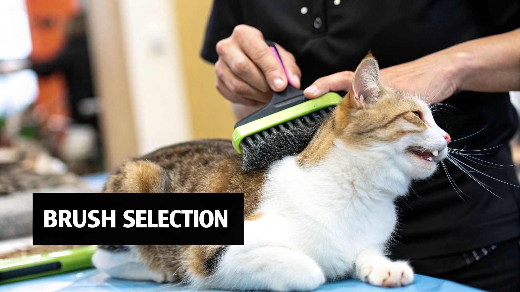 A person brushing a fluffy cat with a slicker brush, highlighting essential cat grooming supplies.