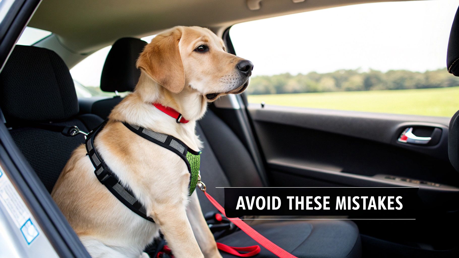 A happy dog looking out the car window, safely buckled in