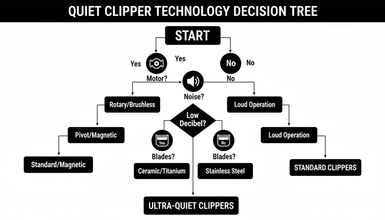 Decision tree flowchart illustrating quiet clipper technology choices based on motor, noise, and blade types.