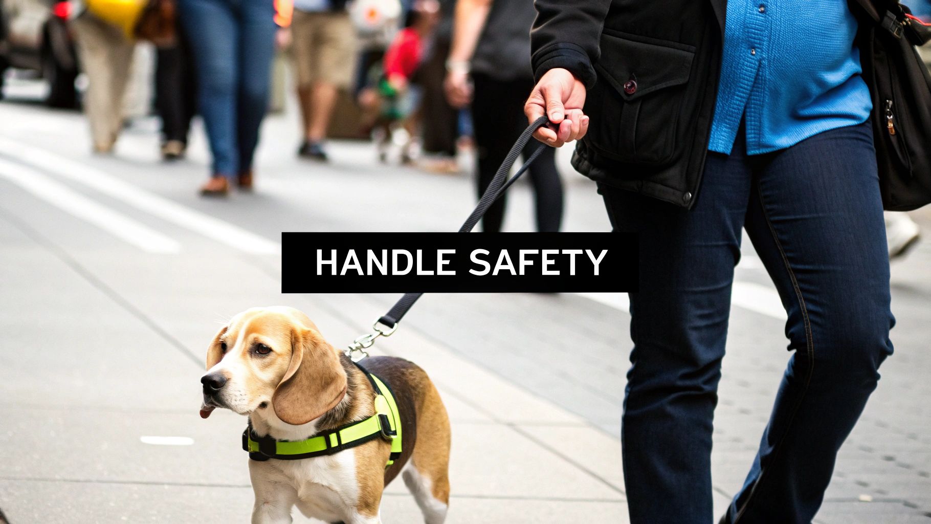 A person walks a beagle dog wearing a neon yellow harness and leash, with "HANDLE SAFETY" text.