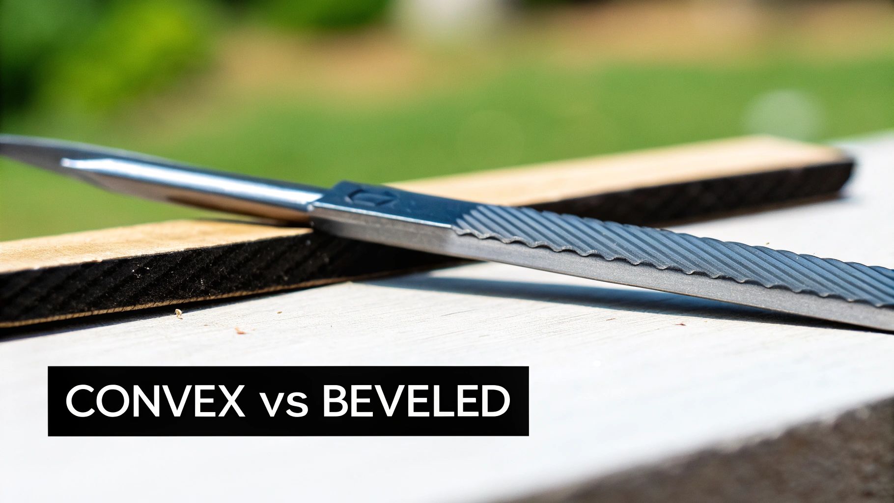 Close-up of a metal tool with a textured handle on a wooden surface, showing convex vs. beveled edges.