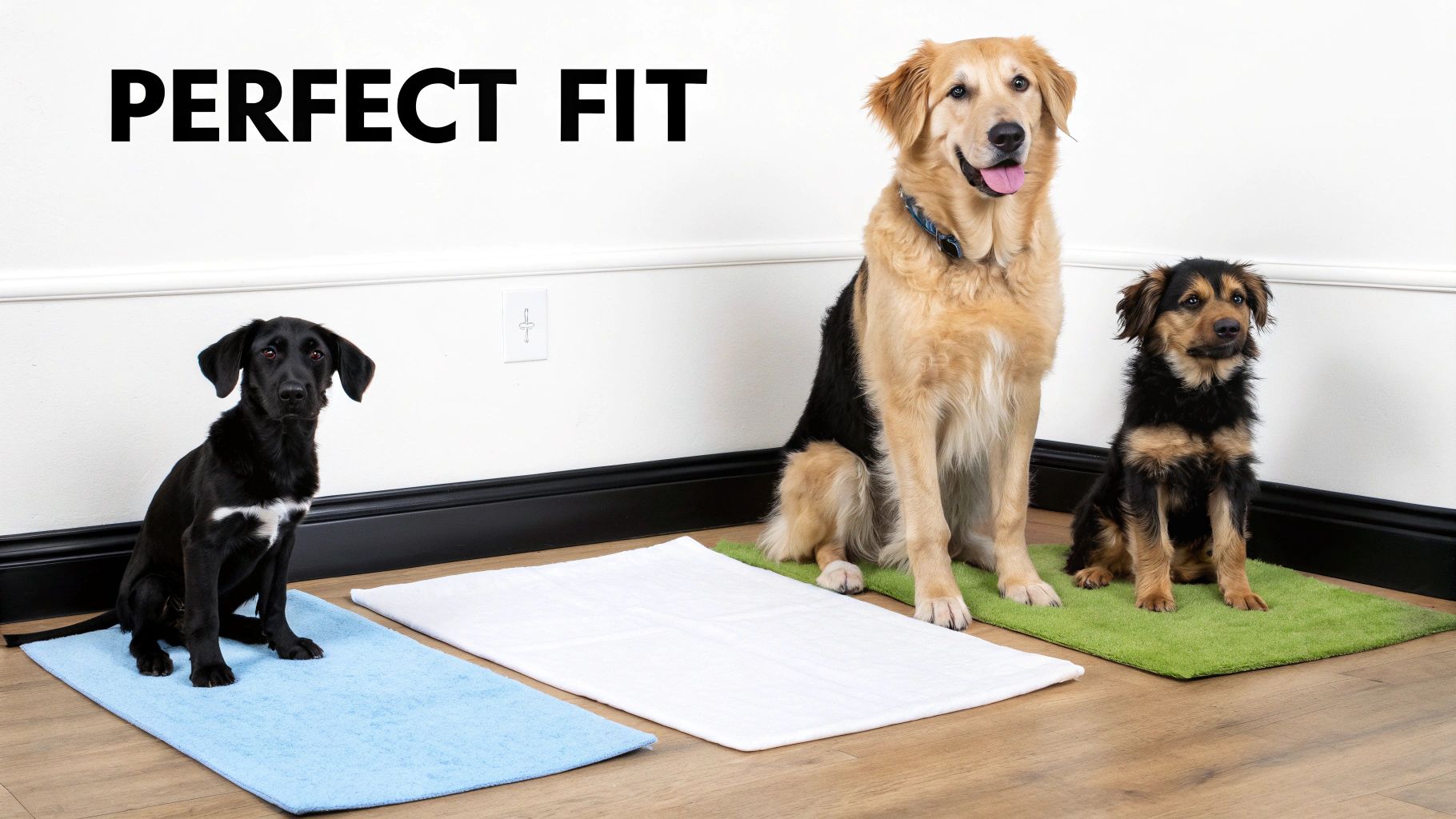 Three dogs of different sizes sitting on blue, white, and green pet pads, illustrating a perfect fit.
