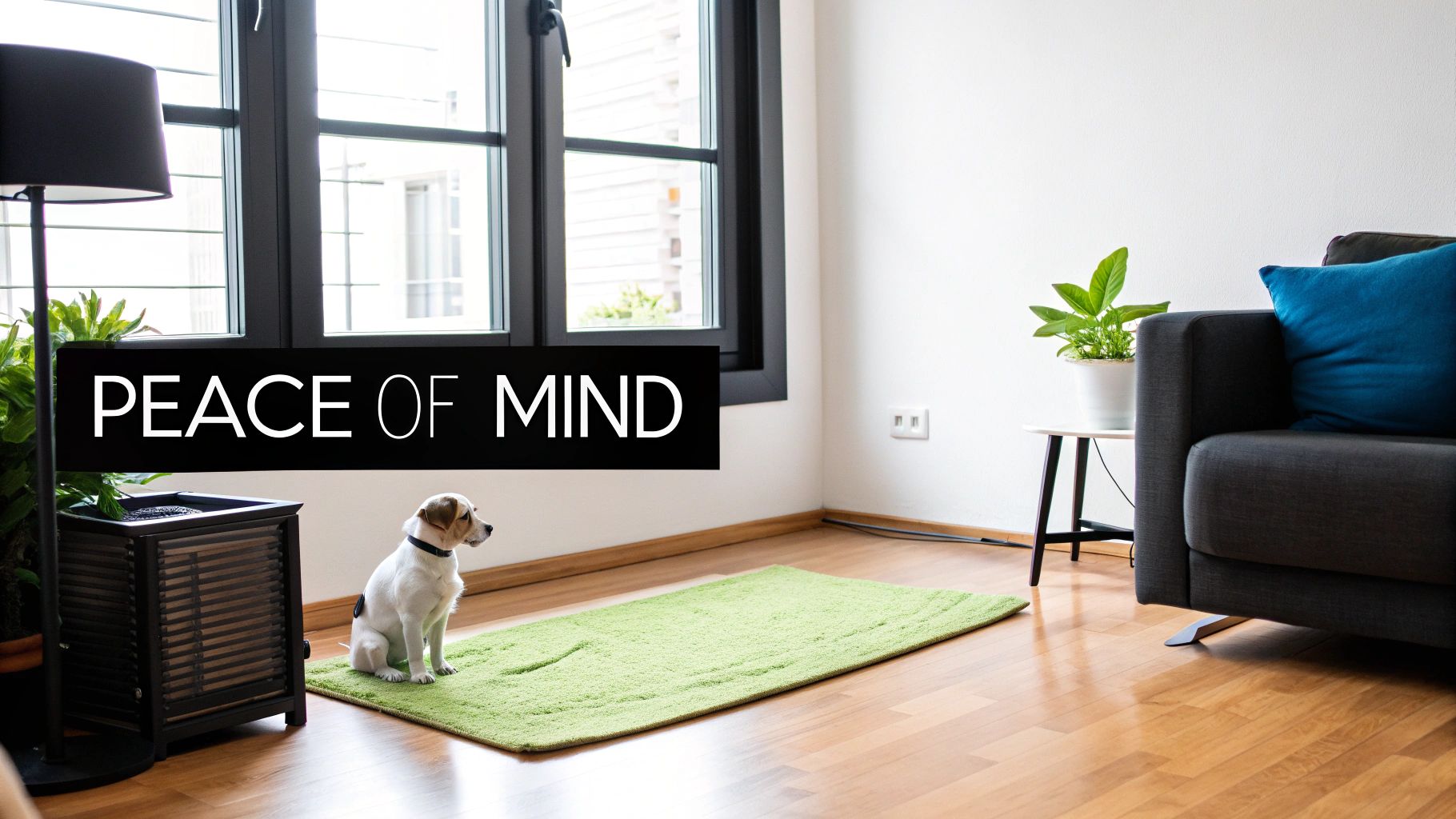 A cute dog sits on a green pee pad on a wooden floor in a peaceful living room.