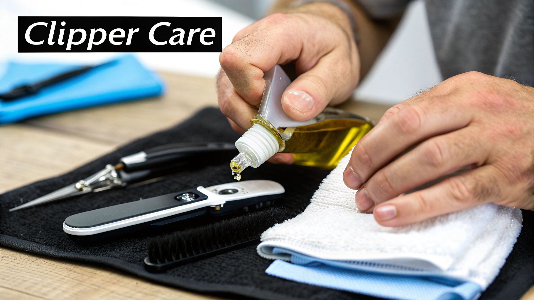 A person oils professional hair clippers on a black towel, demonstrating clipper care and maintenance.