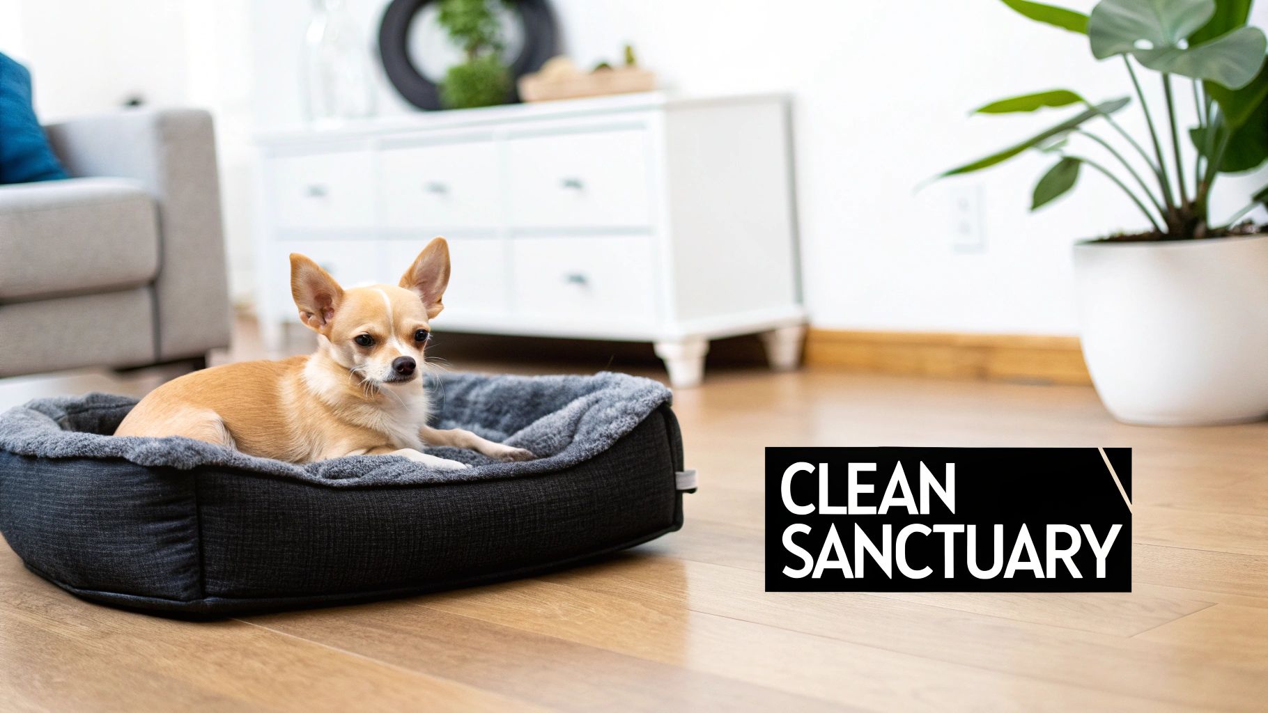 A small chihuahua dog lies comfortably in a dark grey, soft dog bed on a light wooden floor.
