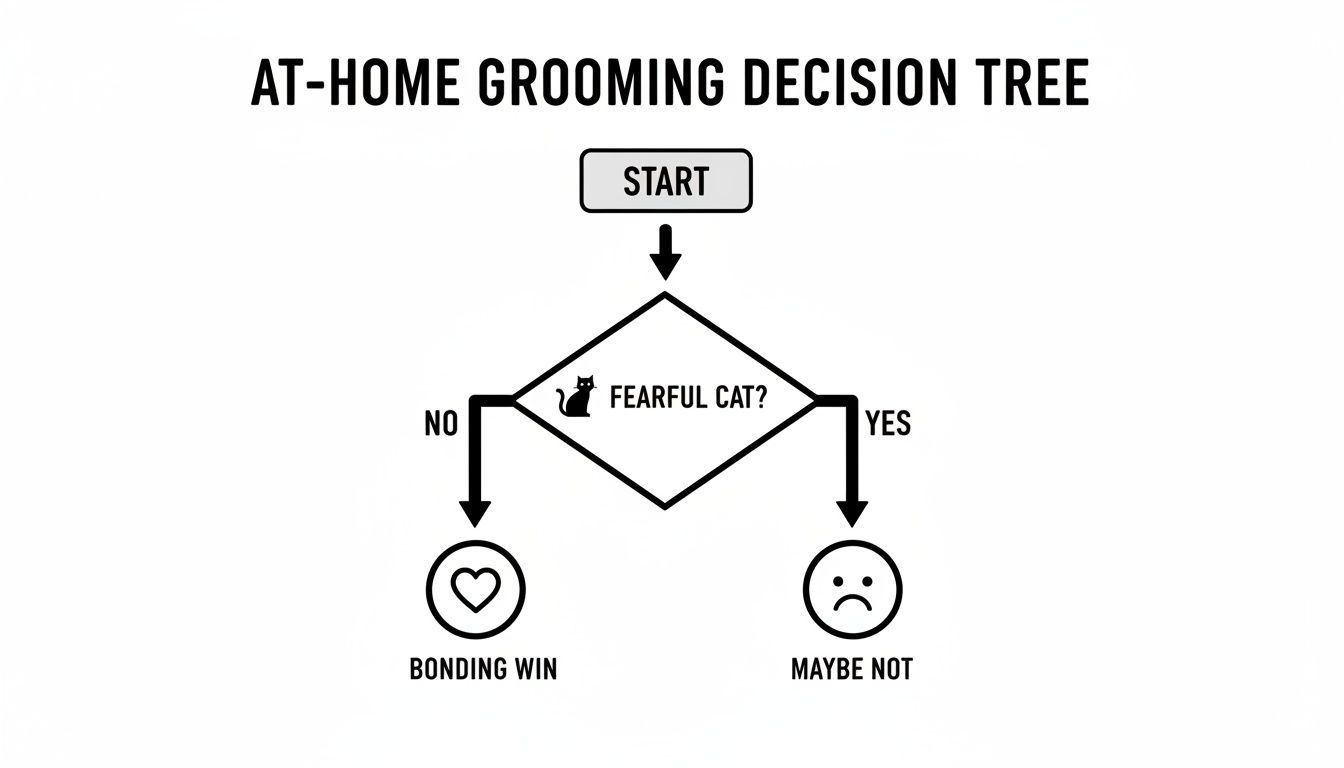 A simple decision tree for at-home cat grooming: Is the cat fearful? No, bonding win; Yes, maybe not.