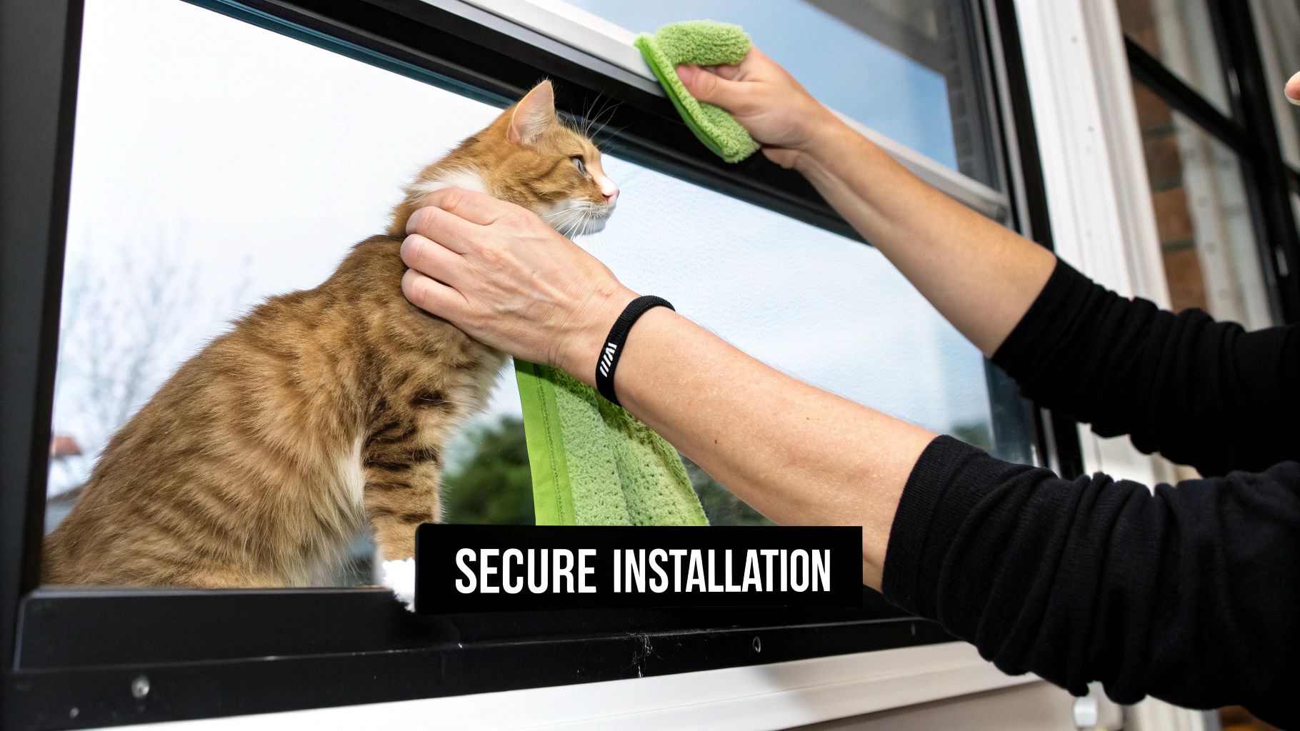 A person's hands secure an orange cat on a window perch, highlighting safe installation.