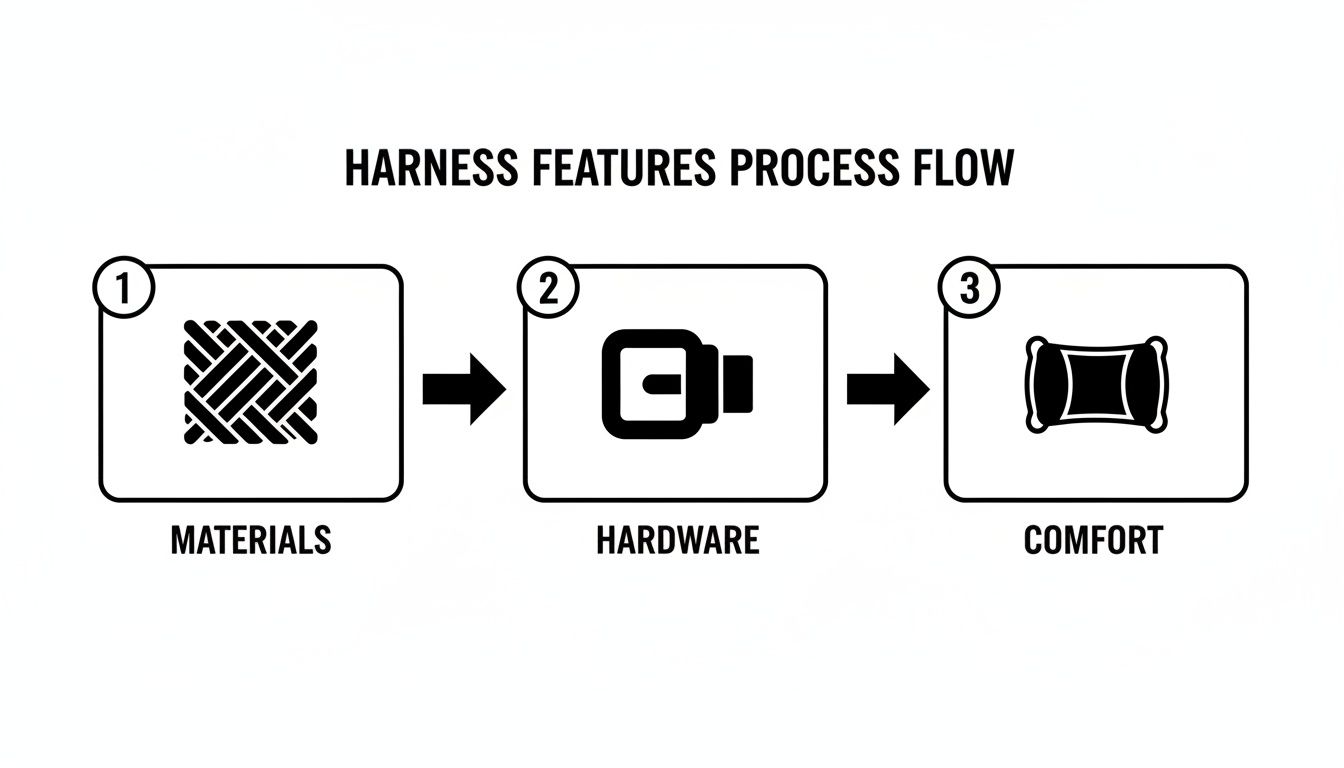 Flowchart illustrating the harness features process flow from materials to hardware to comfort.