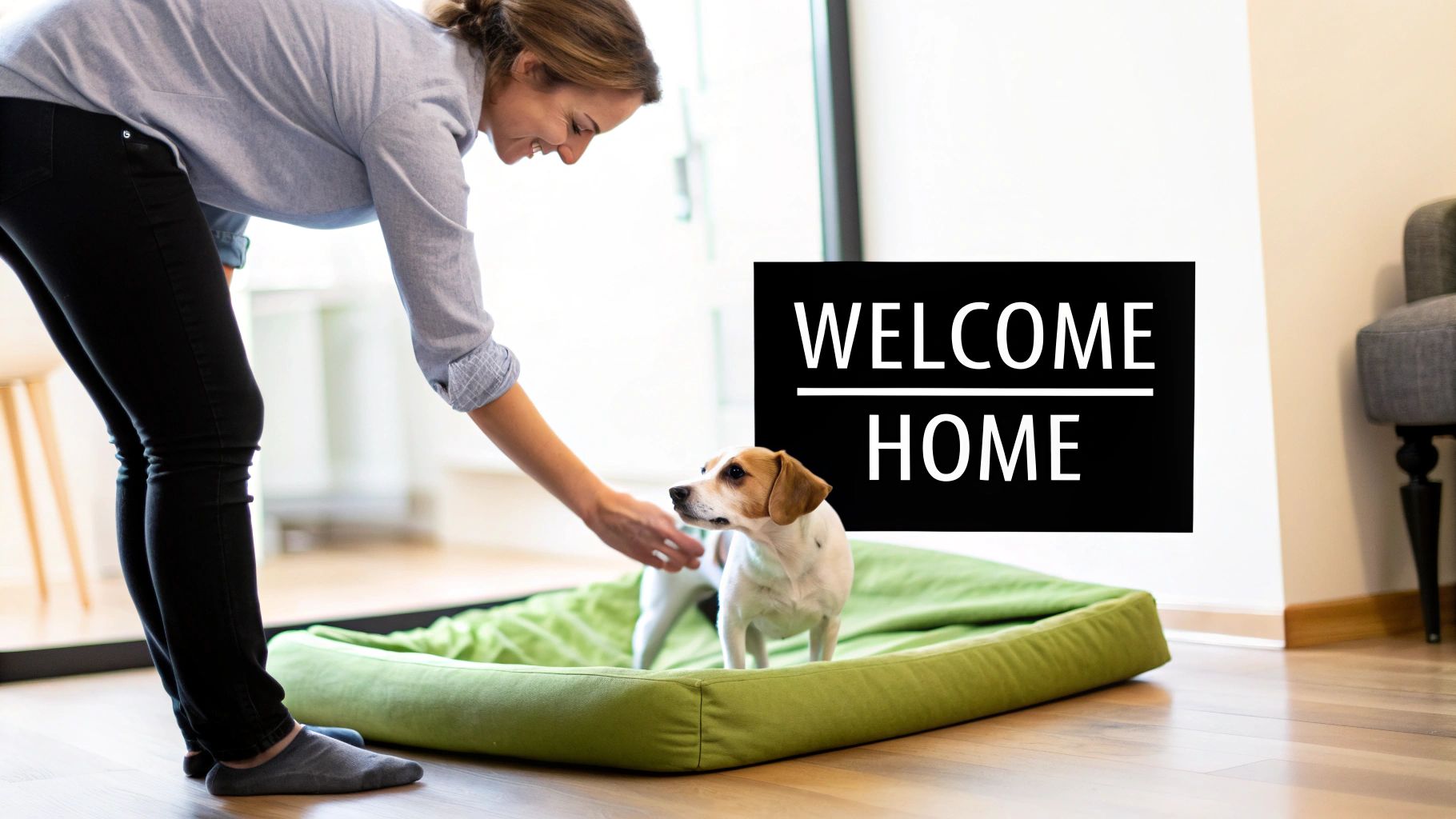 A happy dog resting in its new calming pet bed.