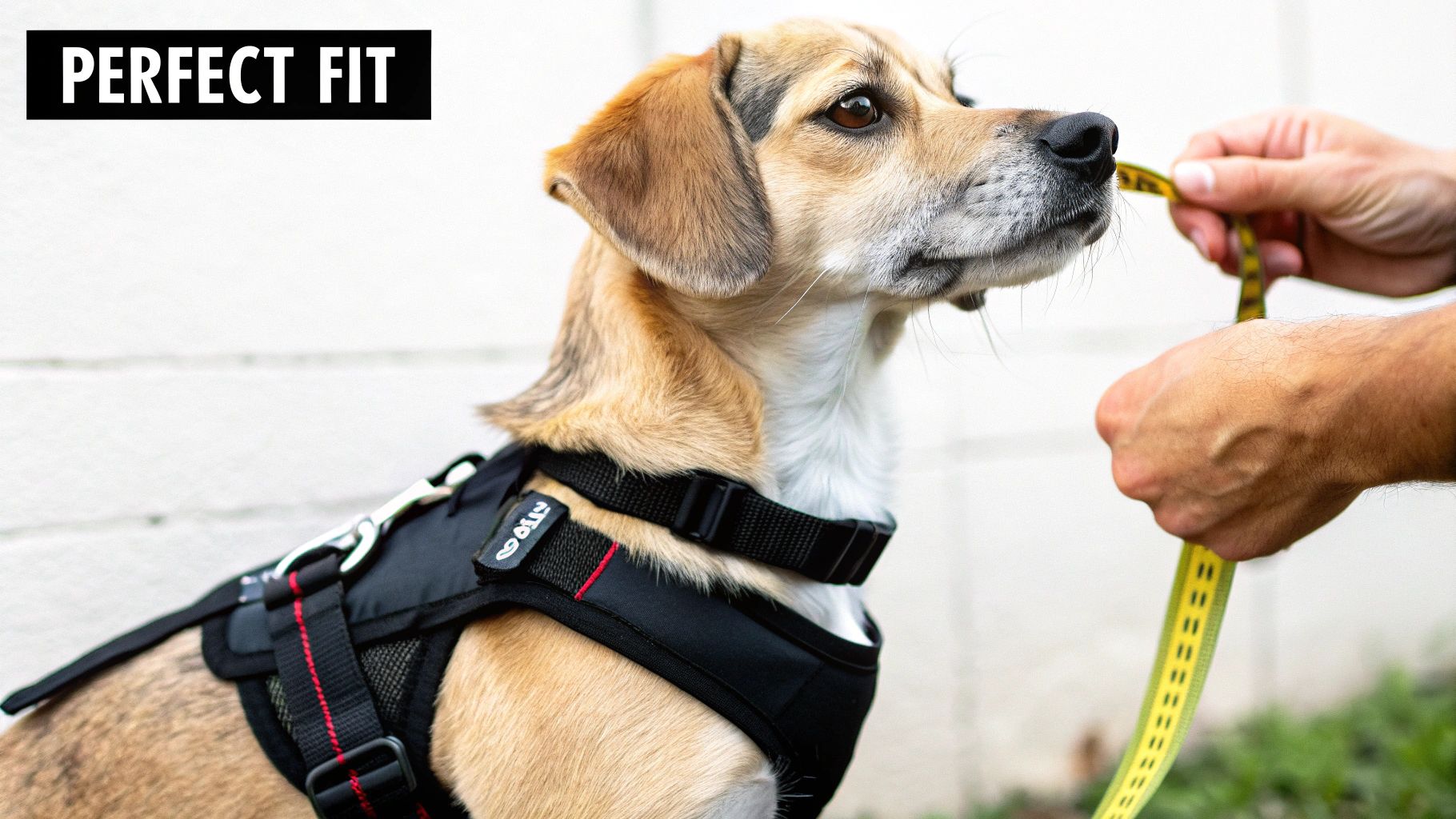 A dog wearing a black harness, while a person measures its face with a yellow tape.