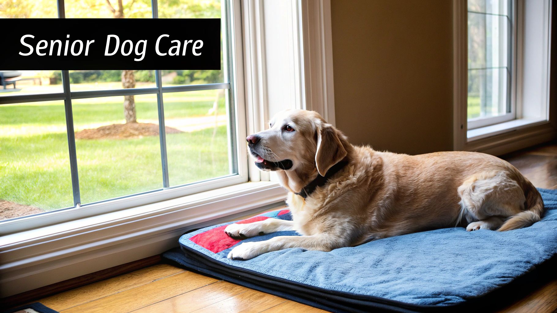 An older, grey-muzzled dog resting comfortably indoors near a clean pee pad.