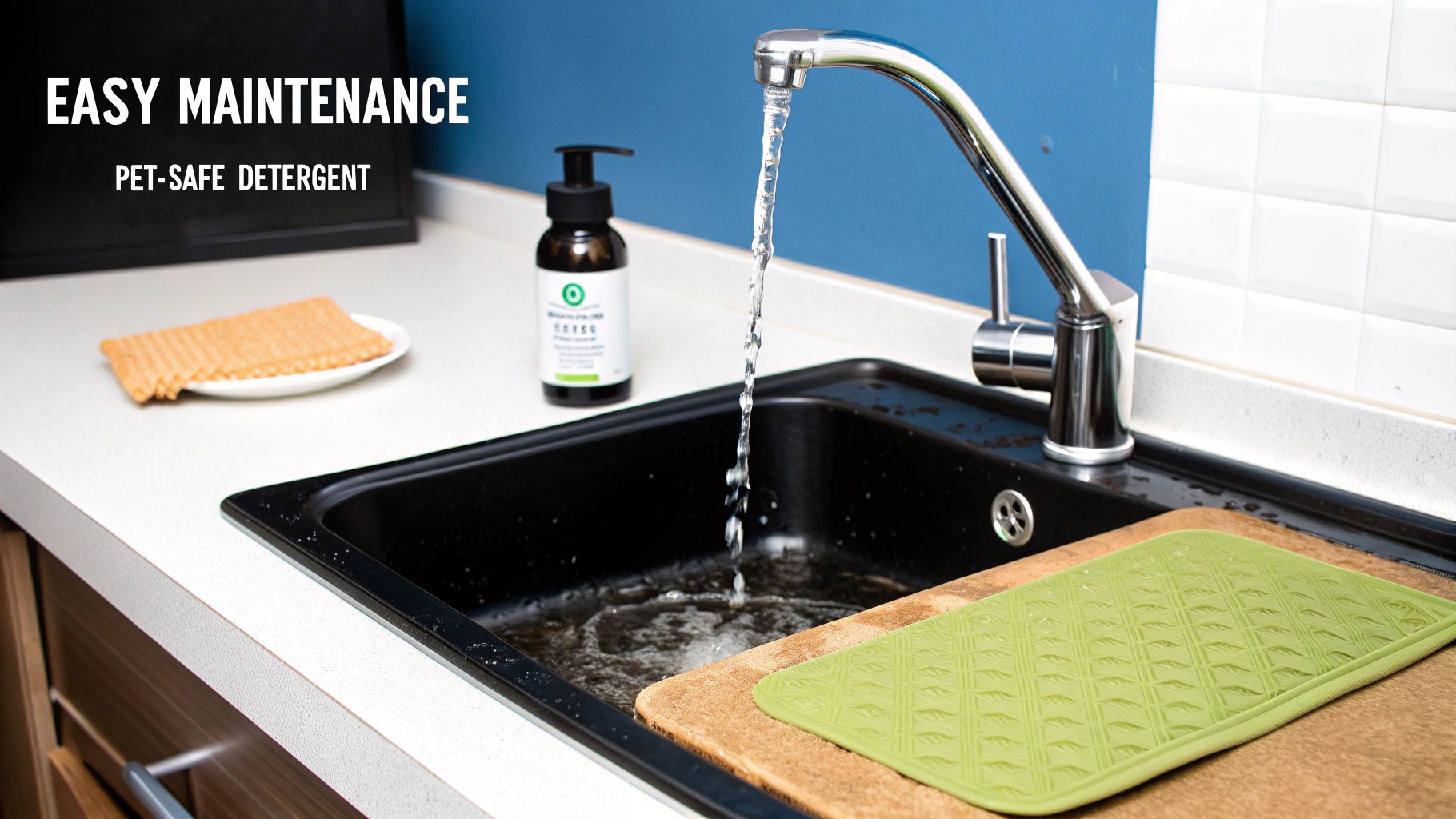 A kitchen sink area with water running, a bottle of pet-safe detergent, and cleaning tools, emphasizing easy maintenance.