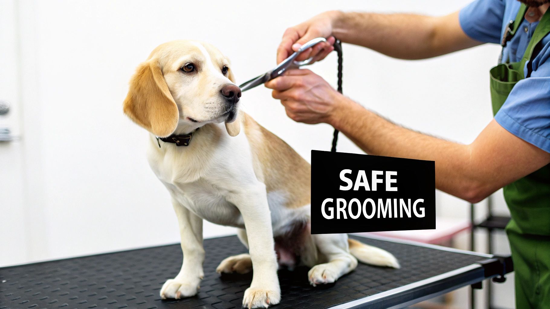 A beagle dog sits calmly on a grooming table as a groomer uses shears near its face, with a 'SAFE GROOMING' text overlay.
