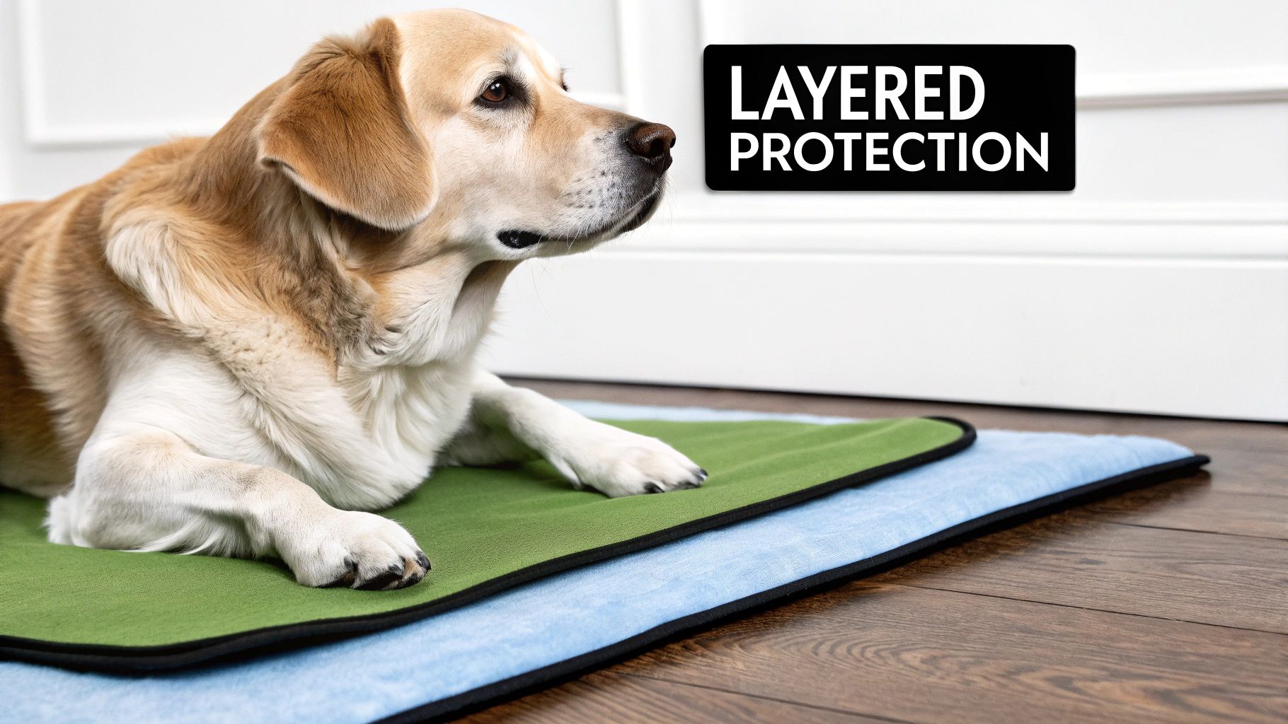 A light brown dog lies comfortably on two layered, washable pet pads, green over blue, with a 'LAYERED PROTECTION' sign.