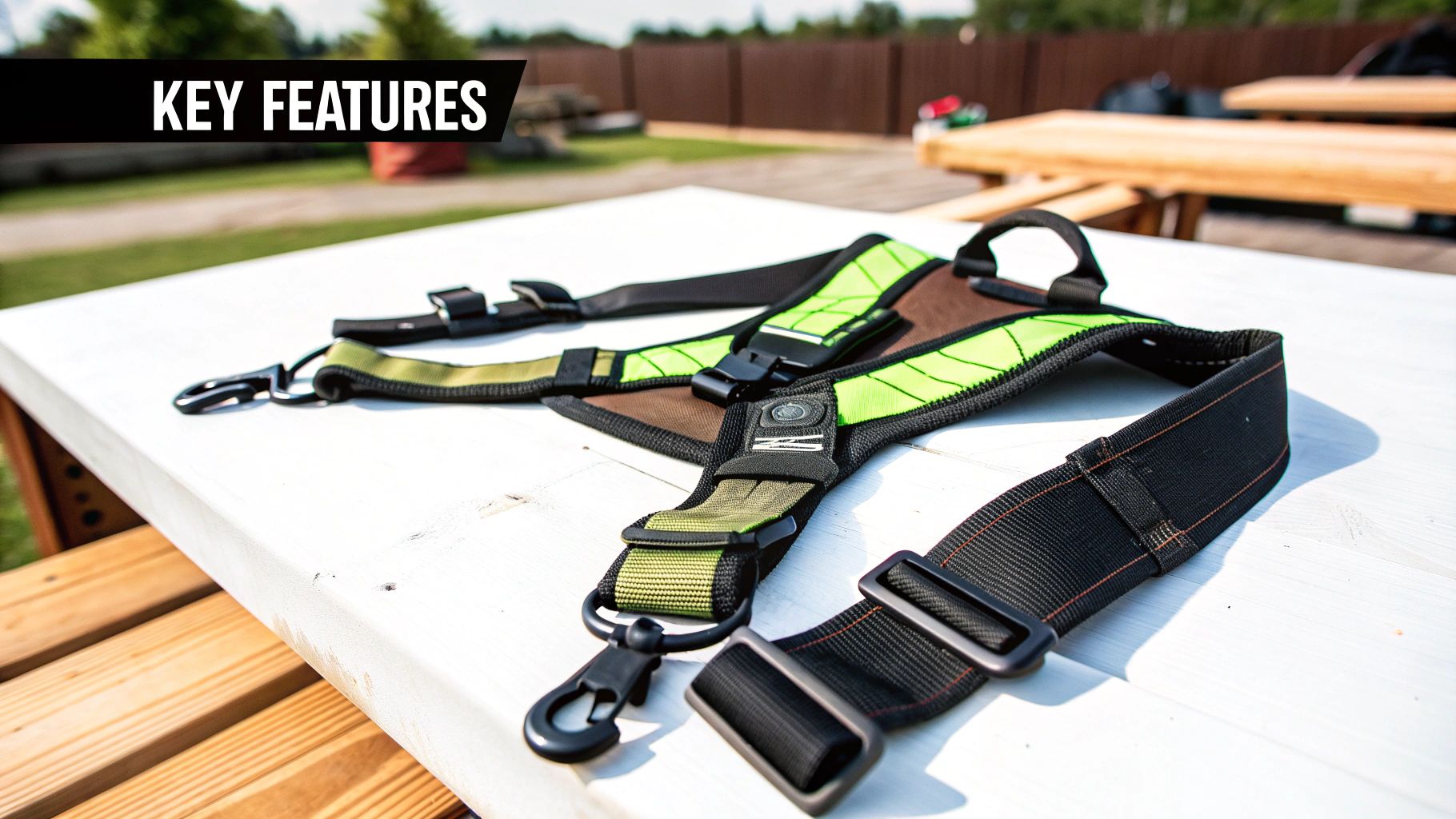 A green and black no-pull dog harness with straps and clips lies on a white wooden table outdoors.
