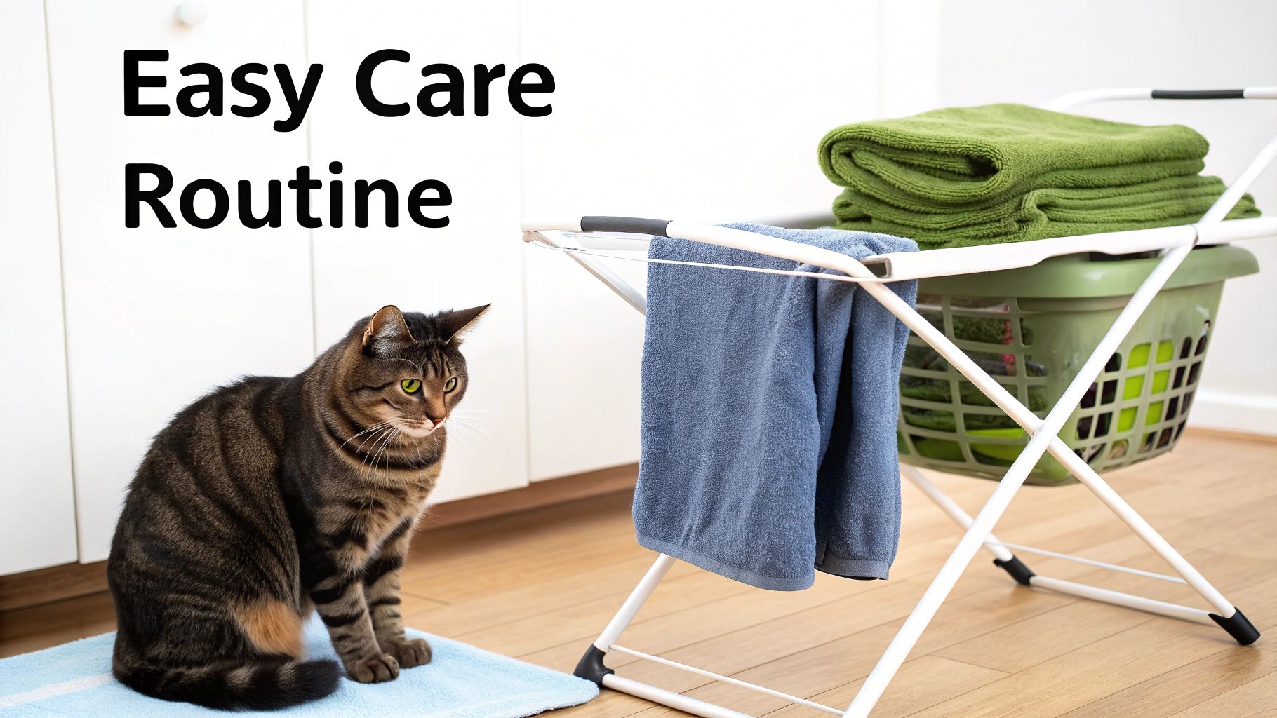 Tabby cat sitting near drying rack with towels and laundry basket, easy care routine text