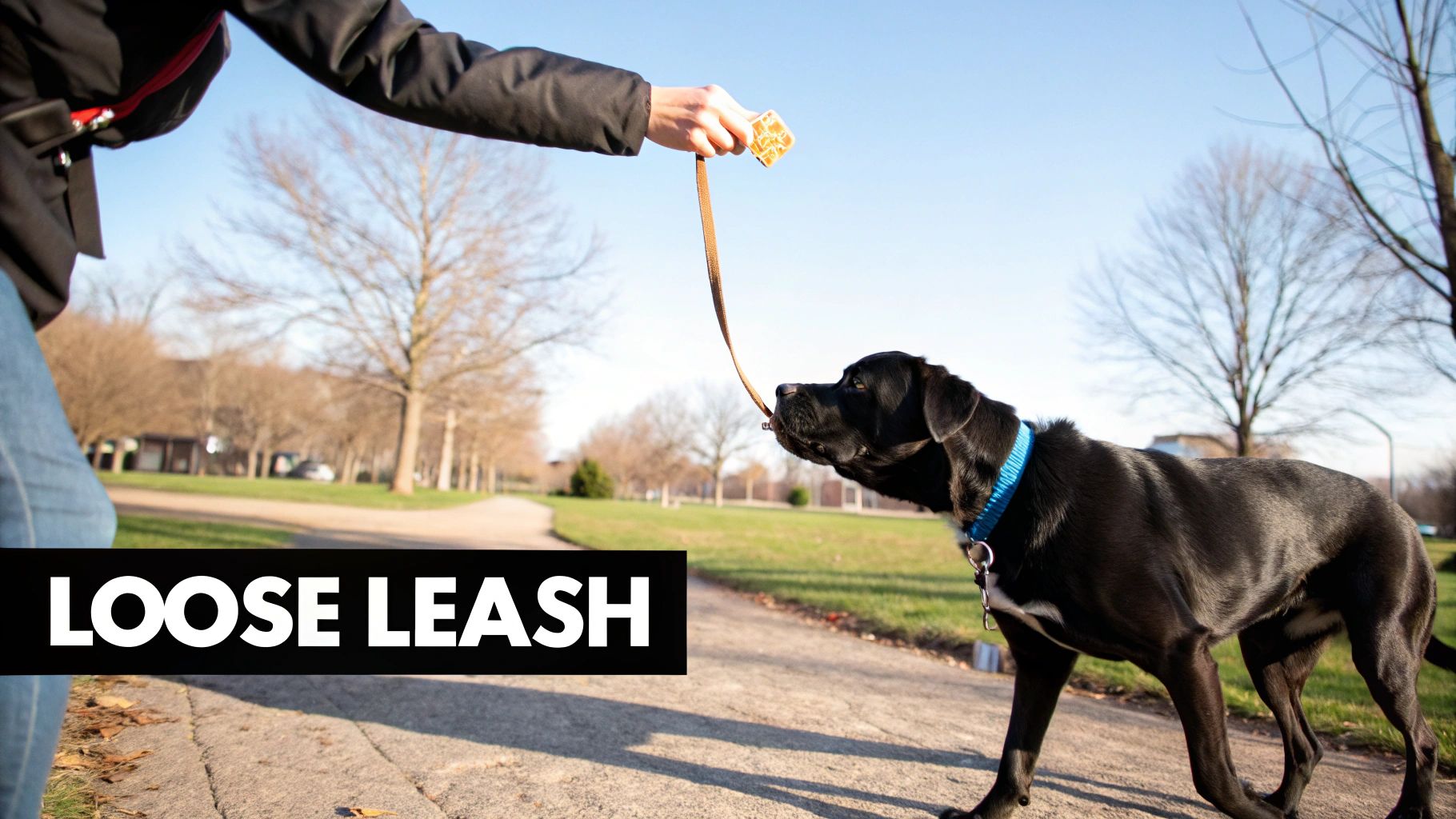 A person training their large dog with a no-pull harness, rewarding them with a treat.