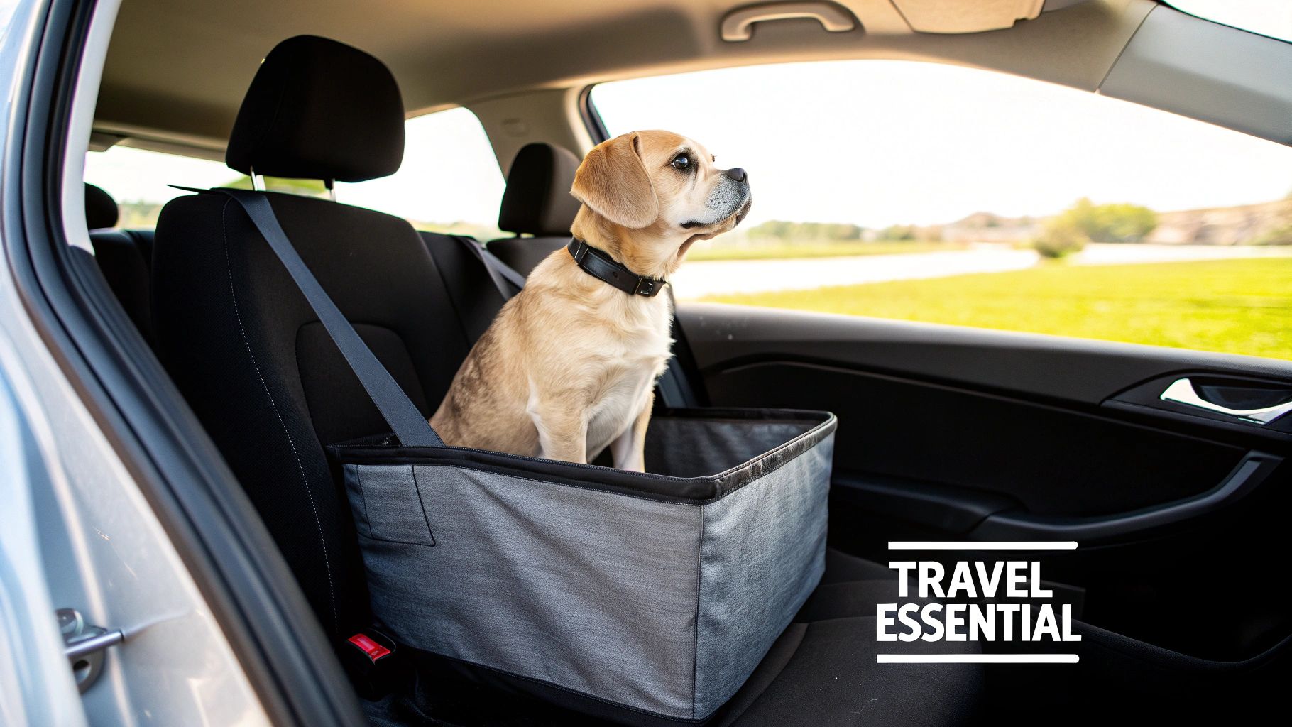 A small dog sits safely in a gray booster car seat, secured by a seatbelt, looking out the window.