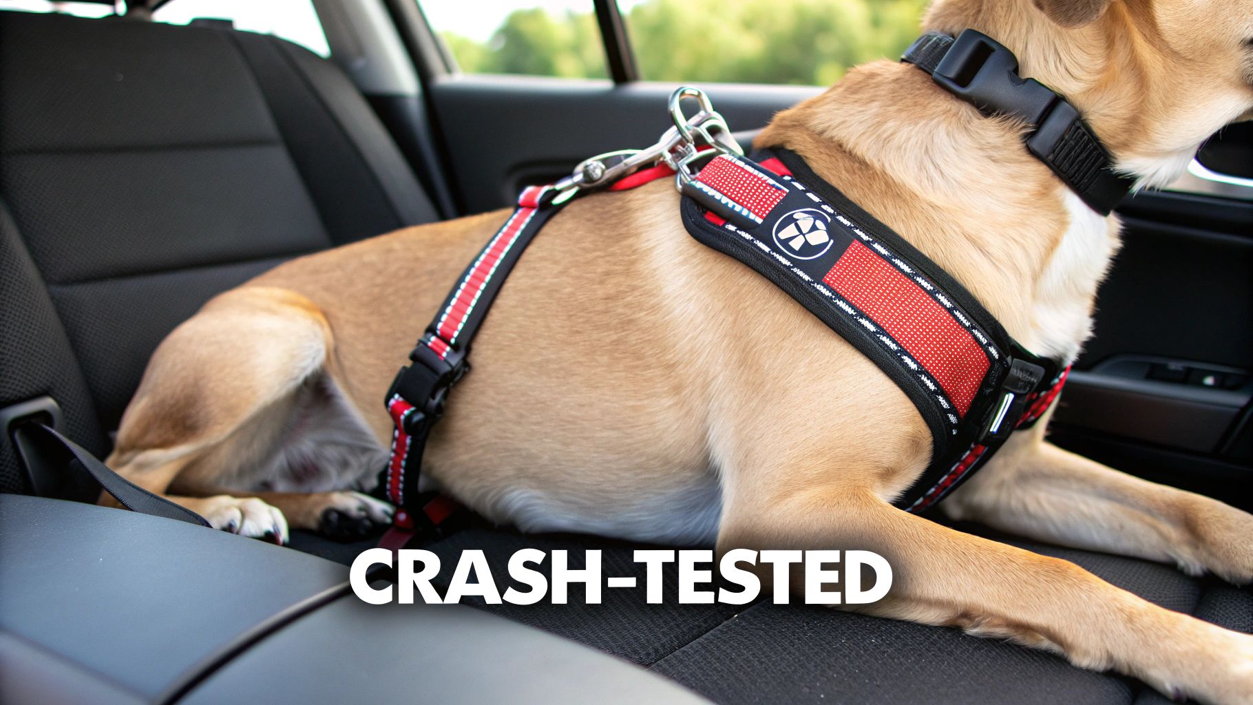 A close-up of a high-quality, crash-tested dog car harness.