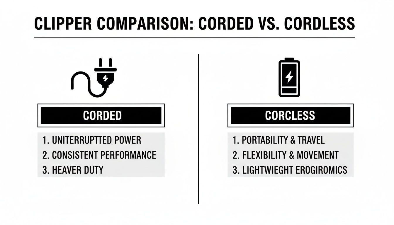 An infographic comparing corded vs. cordless clippers, listing advantages like uninterrupted power, portability, and flexibility.
