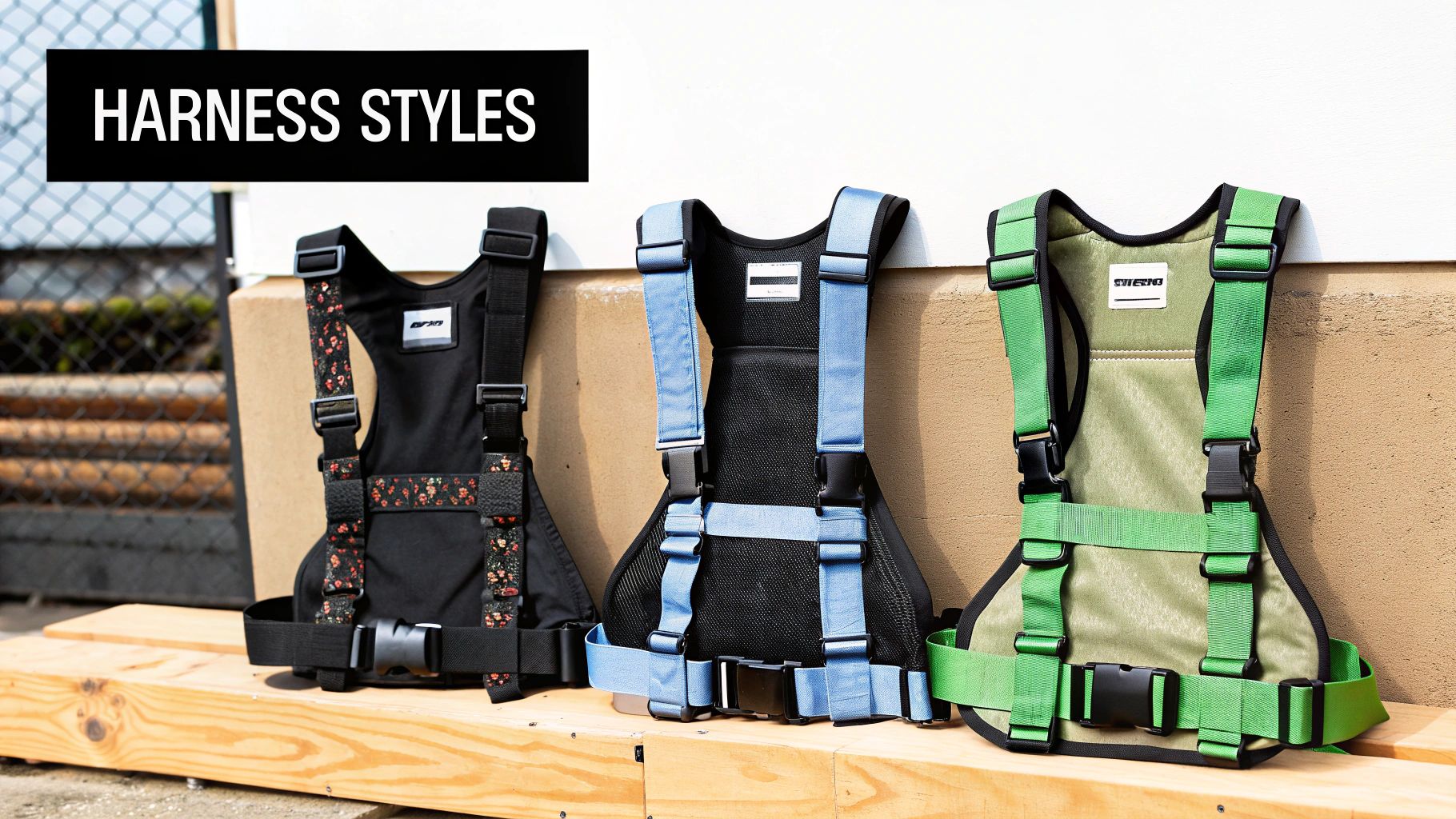 A dog owner carefully adjusting the straps on a new dog harness for a perfect fit