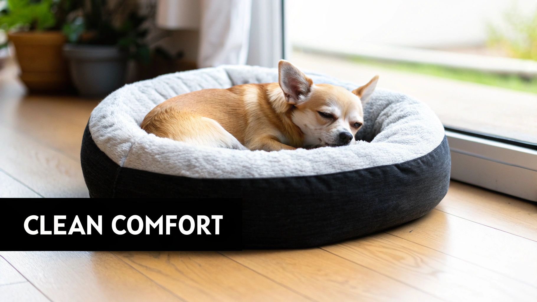 A small, fluffy white dog curled up comfortably in a plush, round, washable dog bed.