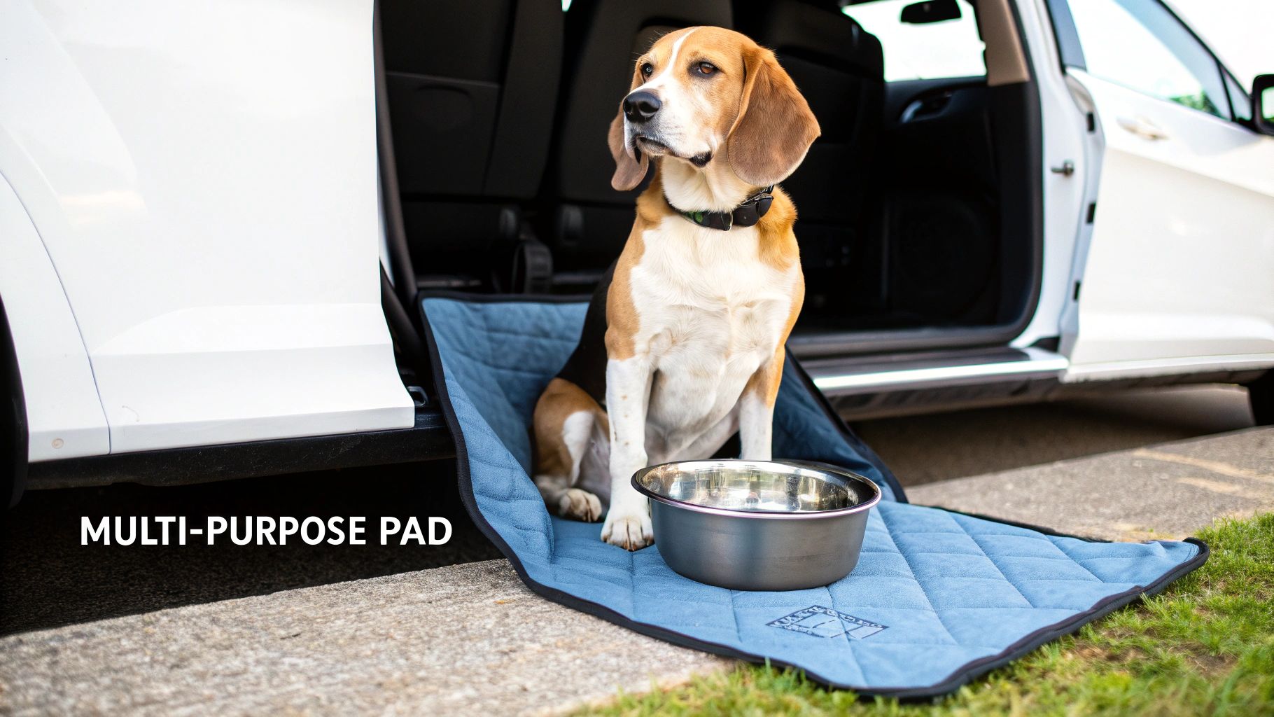 A dog sits happily on a washable pee pad that is covering a car's back seat.