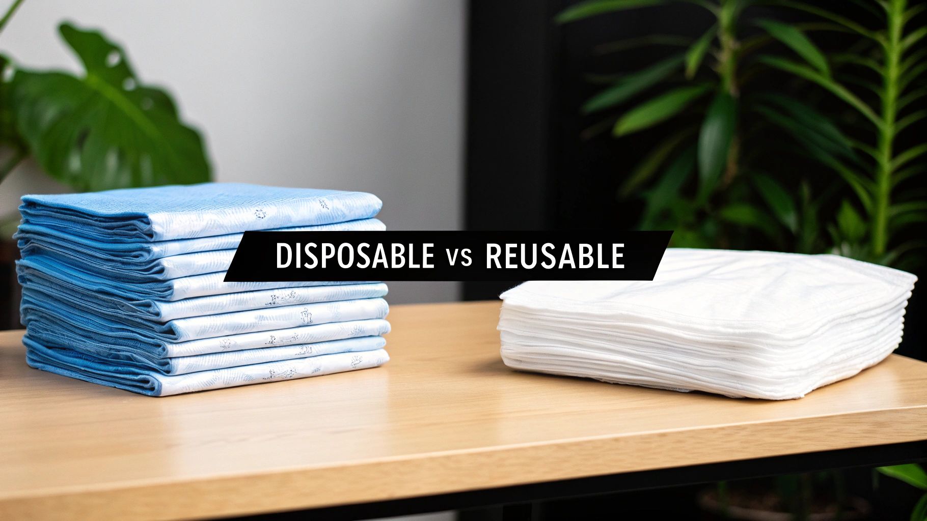 A comparison of disposable white cloths versus reusable blue cloths on a wooden table.