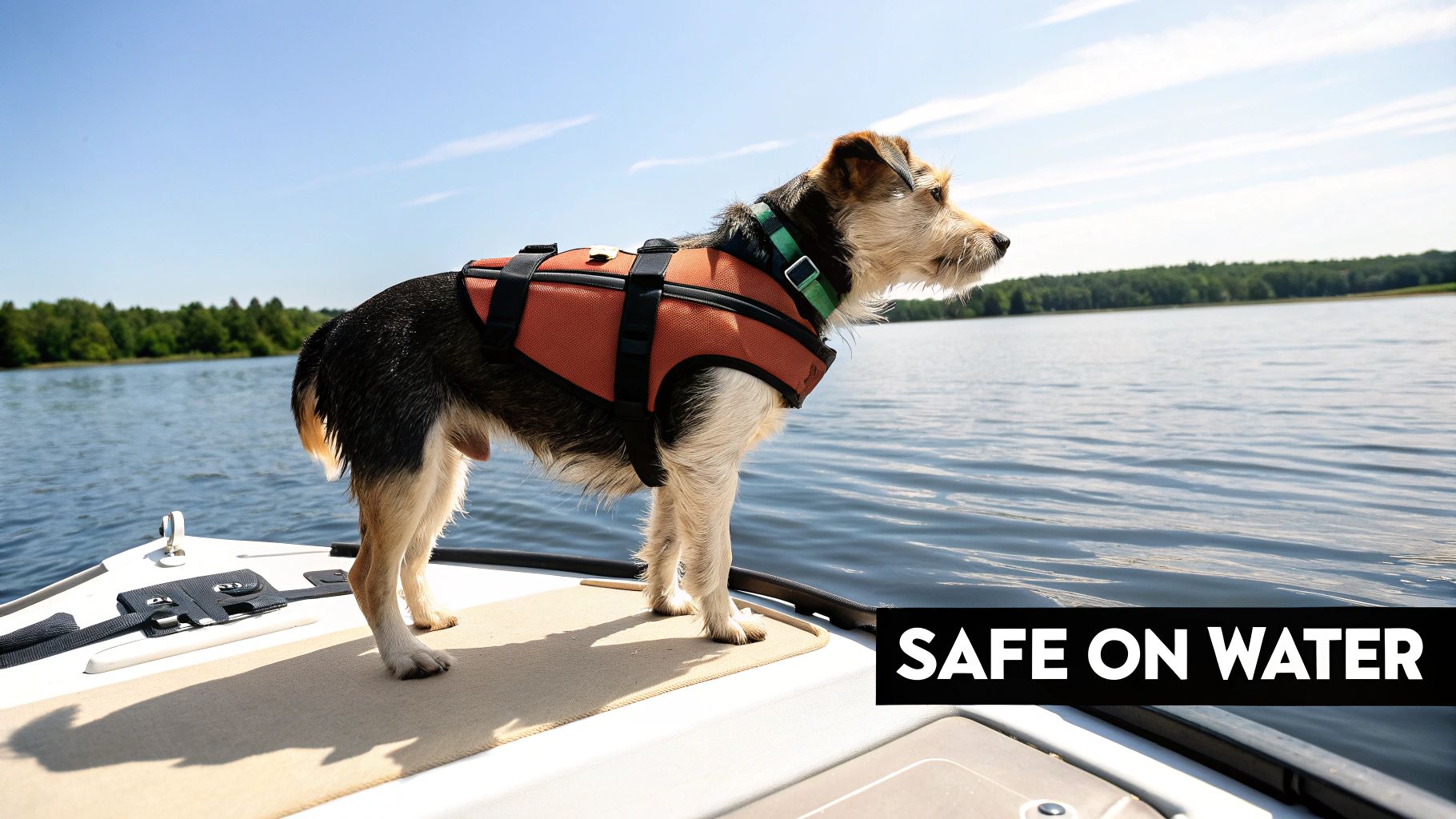 A small dog wearing a bright orange life jacket and playing in the water.