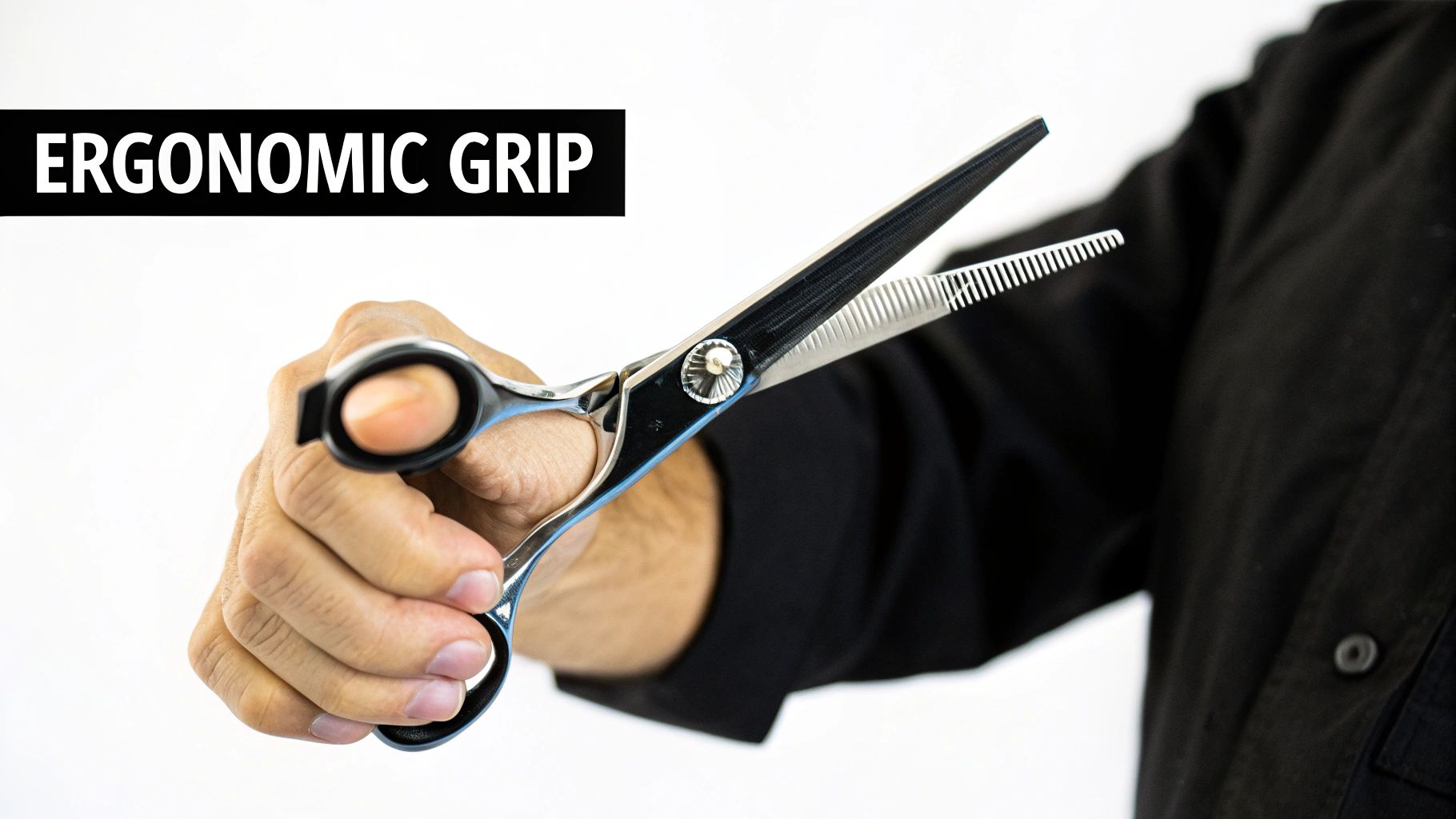 Close-up of a hand holding ergonomic hair thinning shears, with text 'ERGONOMIC GRIP'.