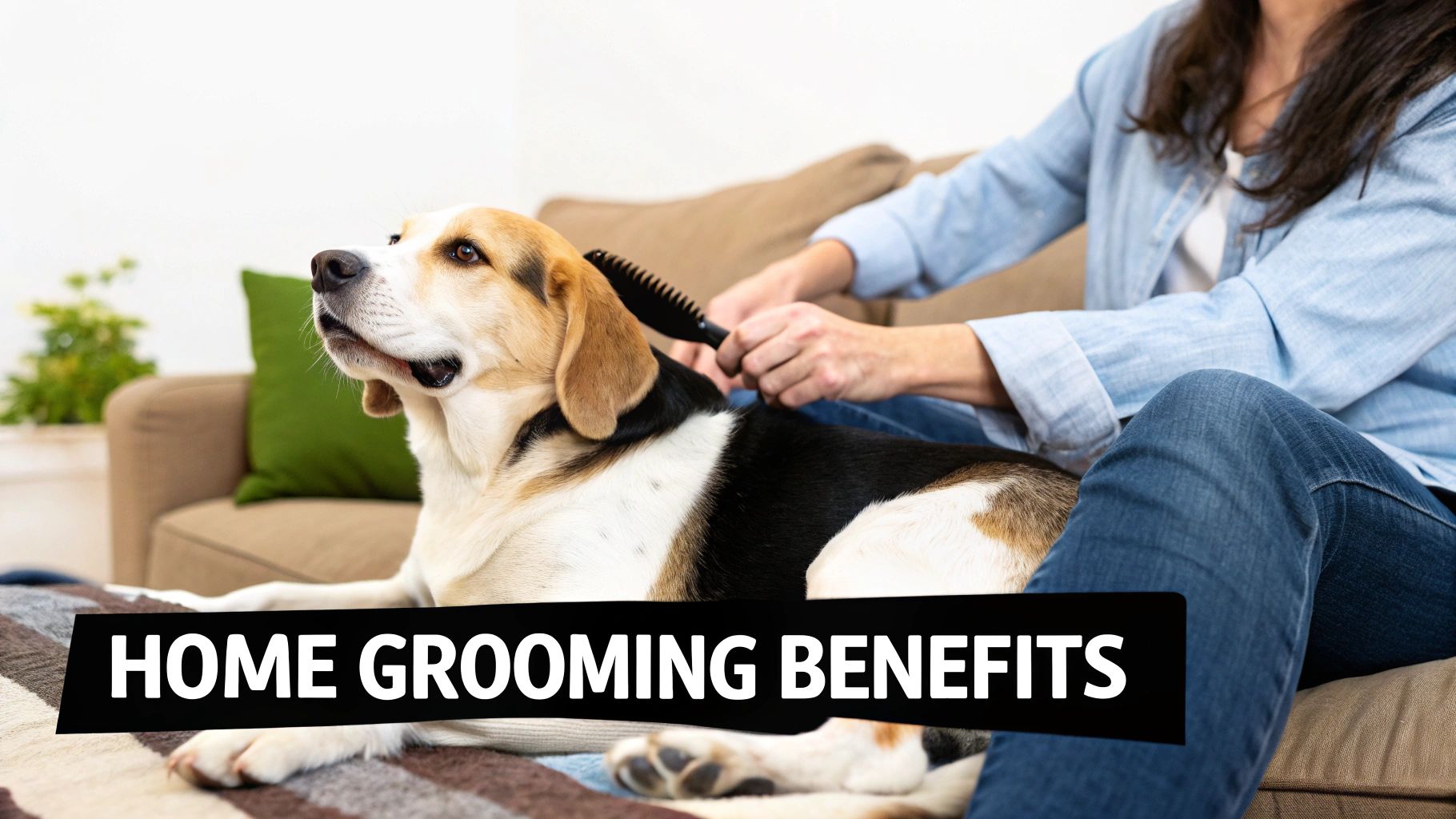 A person brushing a golden retriever on a grooming table with tools nearby.