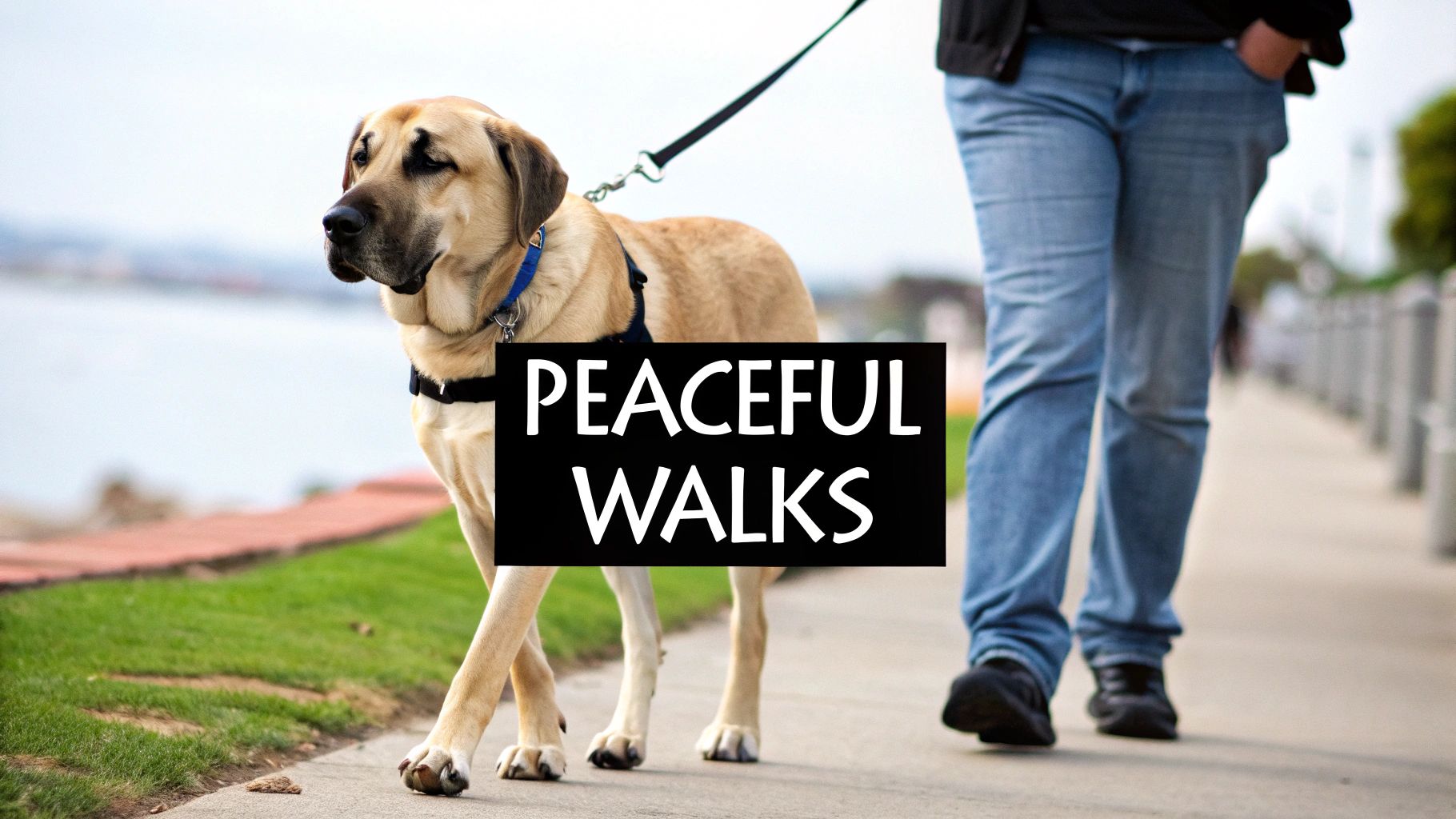 A large tan dog wearing a no-pull harness walks on a leash with a person along a waterfront path.
