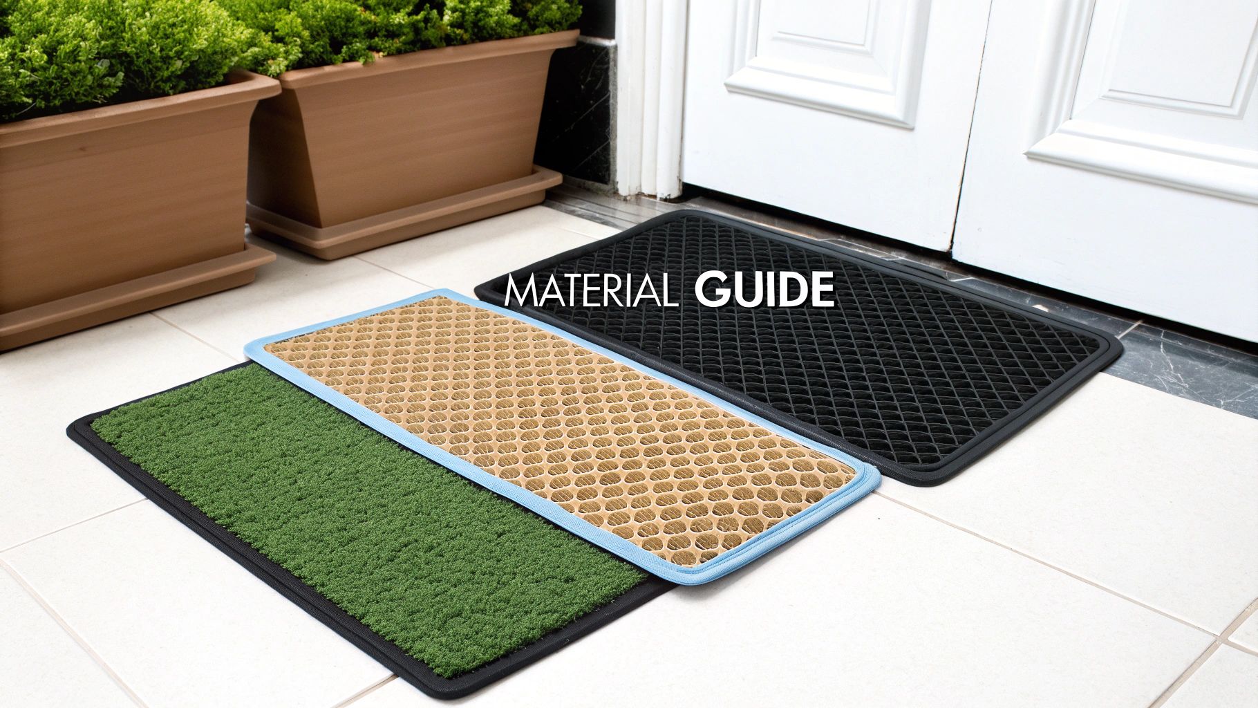 Three distinct cat litter mats in green, beige honeycomb, and black diamond patterns, demonstrating different materials.