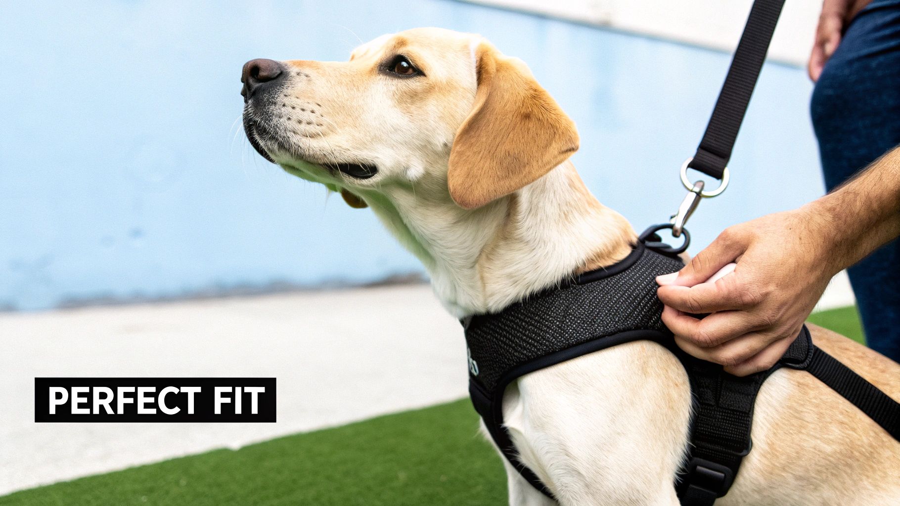 A dog wearing a perfectly fitted harness, looking comfortable and happy.