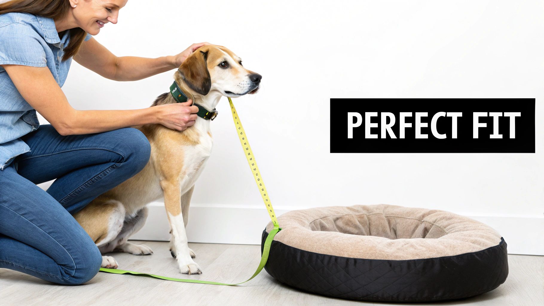 A woman measures a brown and white dog with a tape measure, connecting it to a donut dog bed for a perfect fit.
