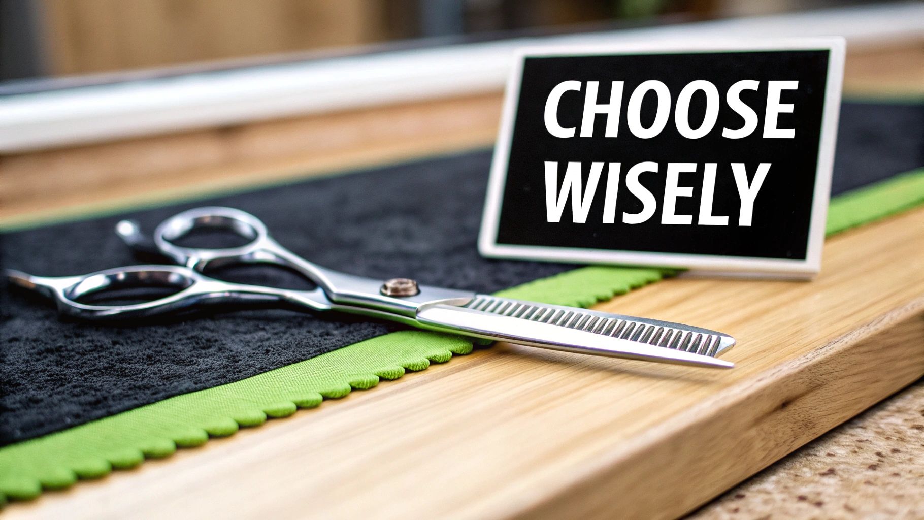 Hair thinning shears resting on a black towel with a green trim, next to a 'CHOOSE WISELY' sign.