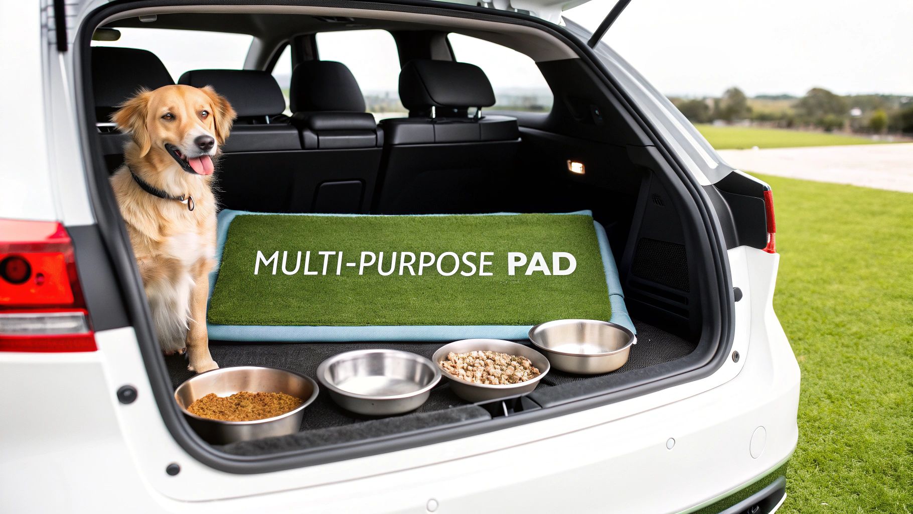 A golden retriever resting comfortably on a washable pee pad inside a large wire crate.