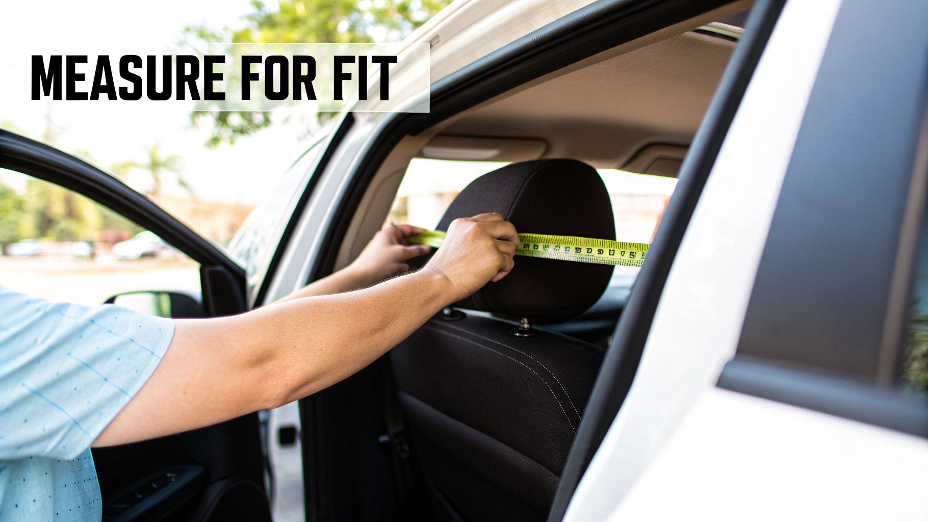 A person measures a car seat headrest with a yellow tape measure, with text 'MEASURE FOR FIT'.