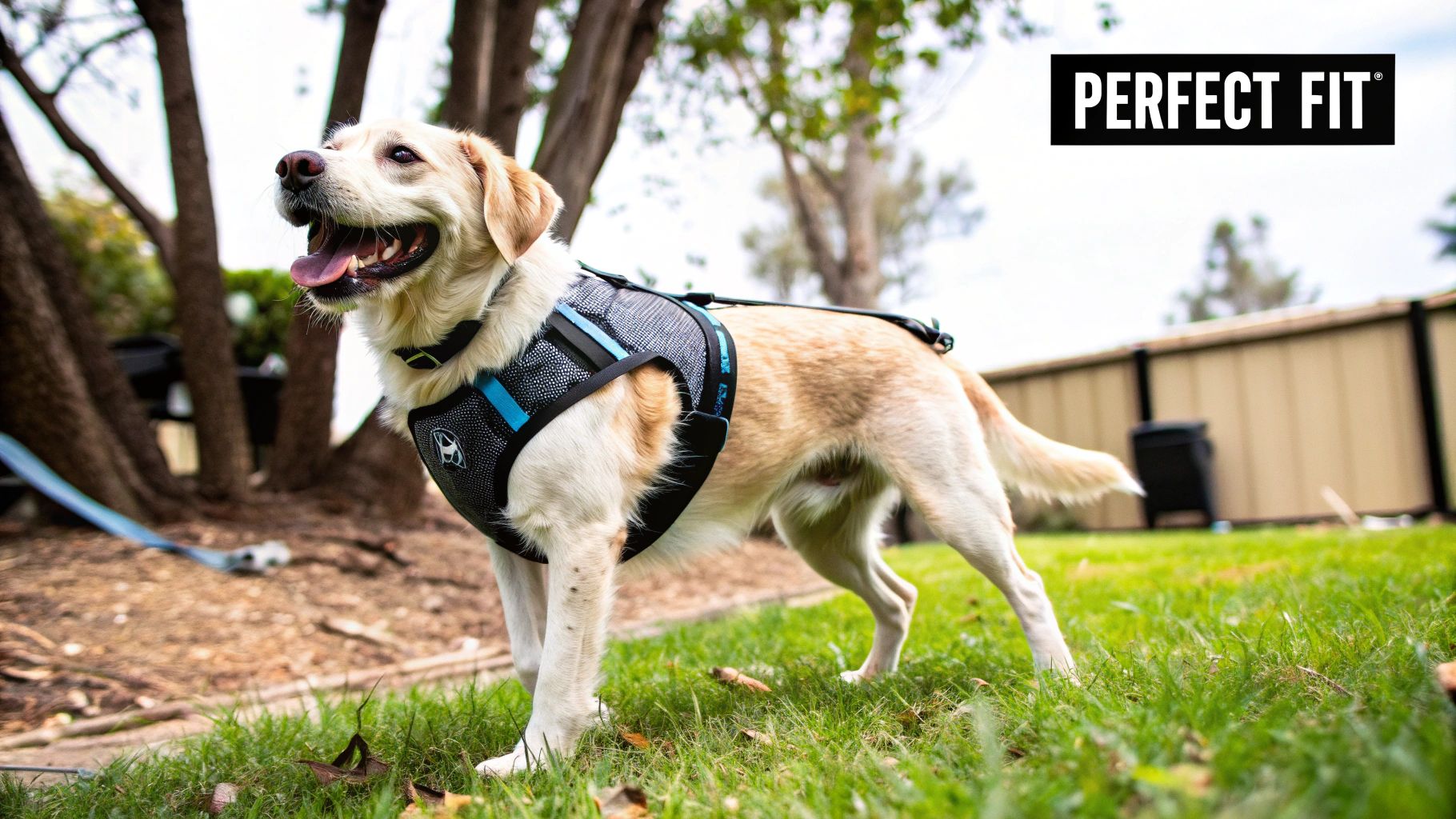 A happy dog wearing a well-fitted harness, ready for a walk