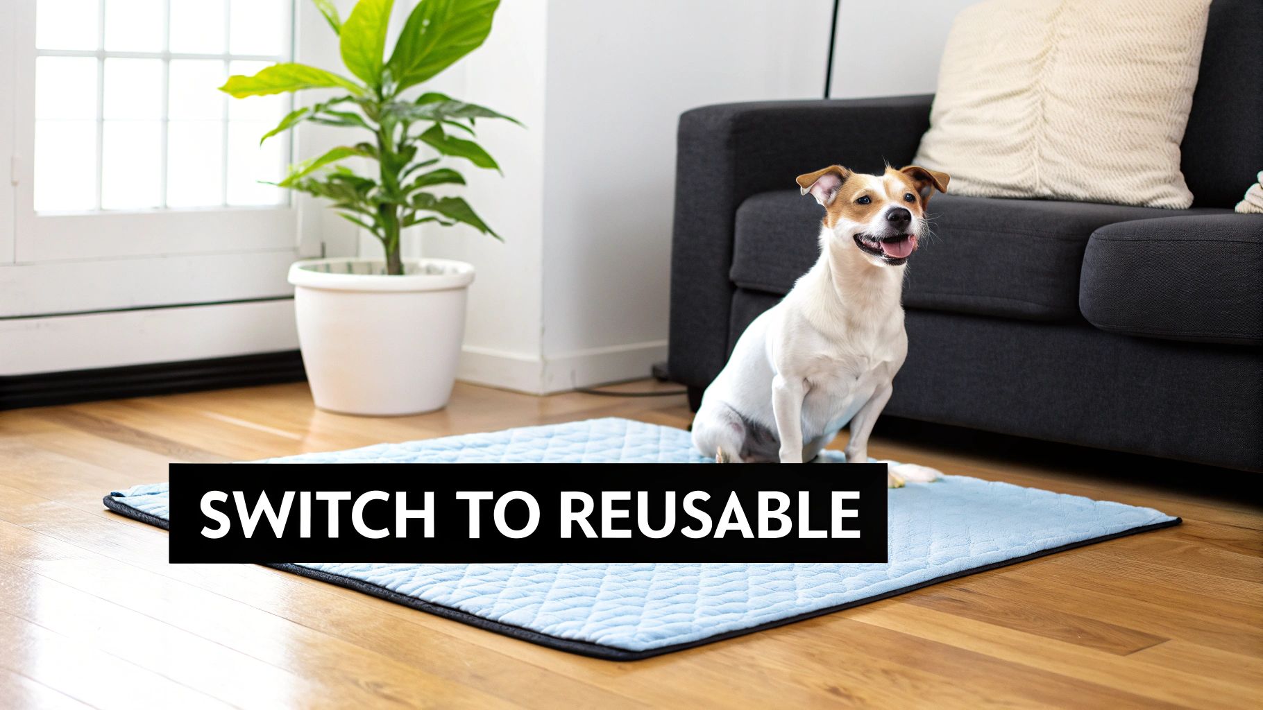 A happy dog sits on a light blue reusable pee pad on a wooden floor, next to a couch and plant.