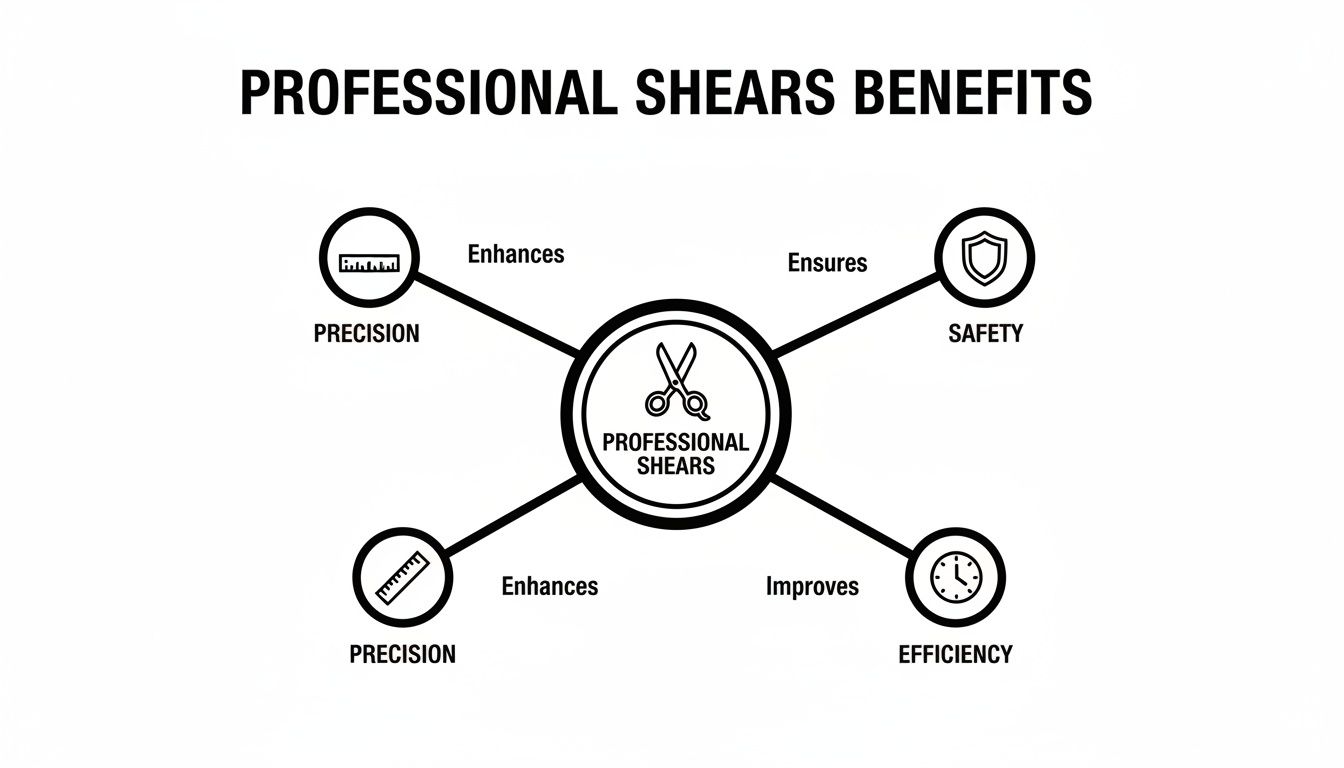 A diagram illustrates how professional shears enhance precision, ensure safety, and improve efficiency.