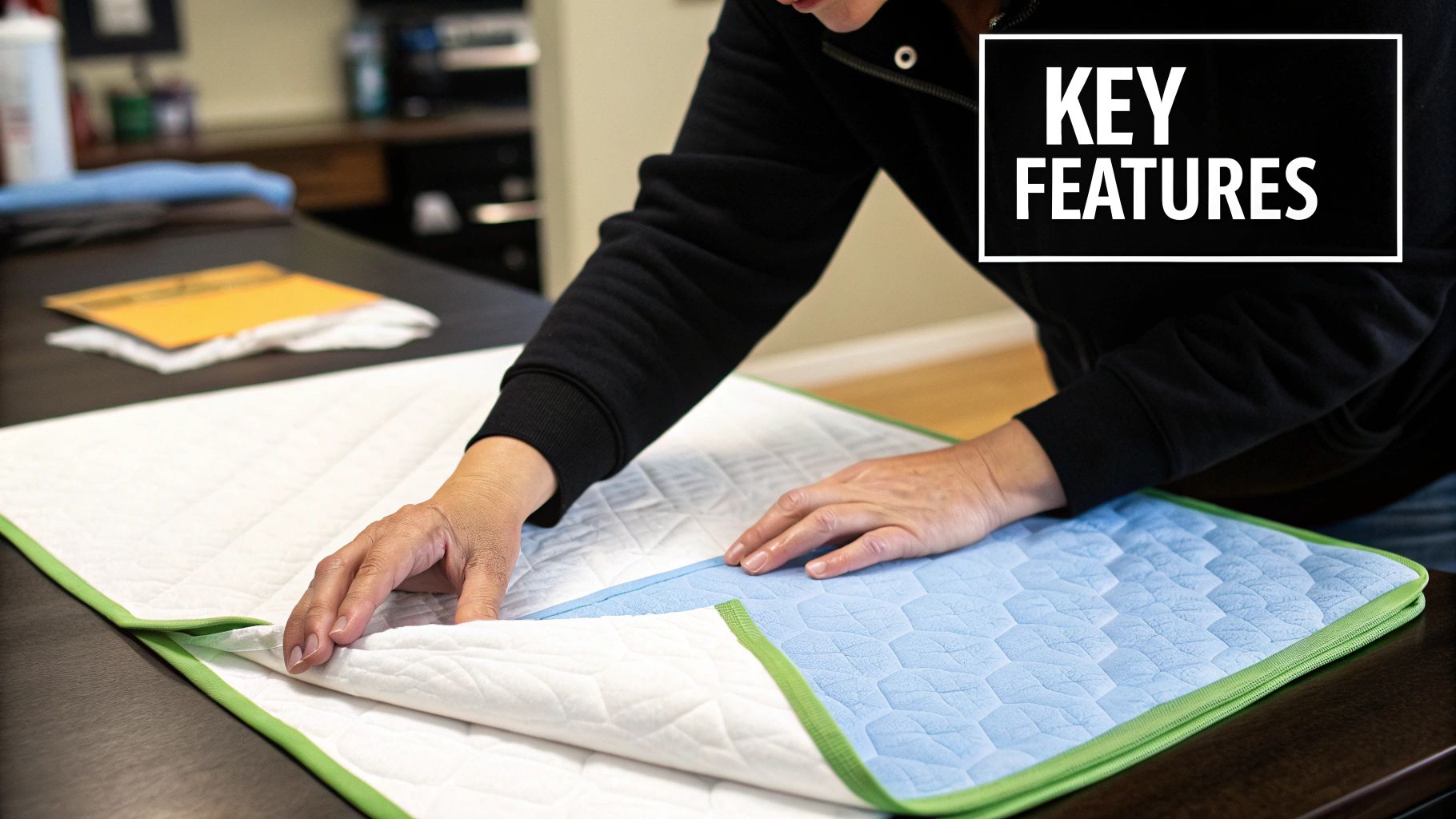 A person inspecting the durable stitching on a washable pee pad.