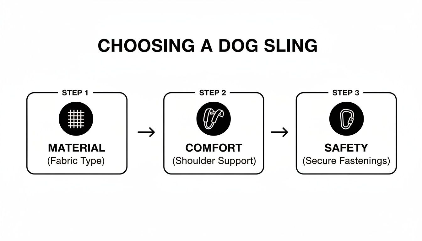 A three-step guide to choosing a dog sling, covering material, comfort, and safety features.
