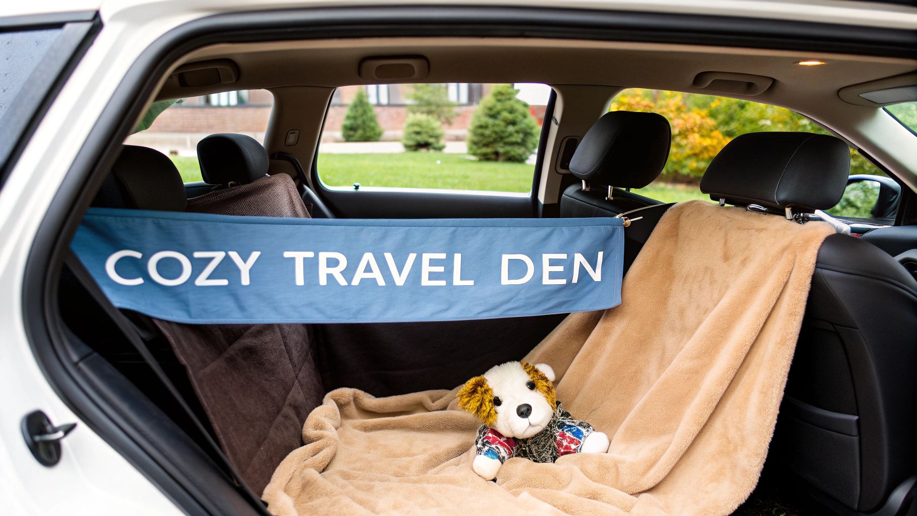 A happy dog sitting comfortably in a pet car hammock, peeking through the mesh window.
