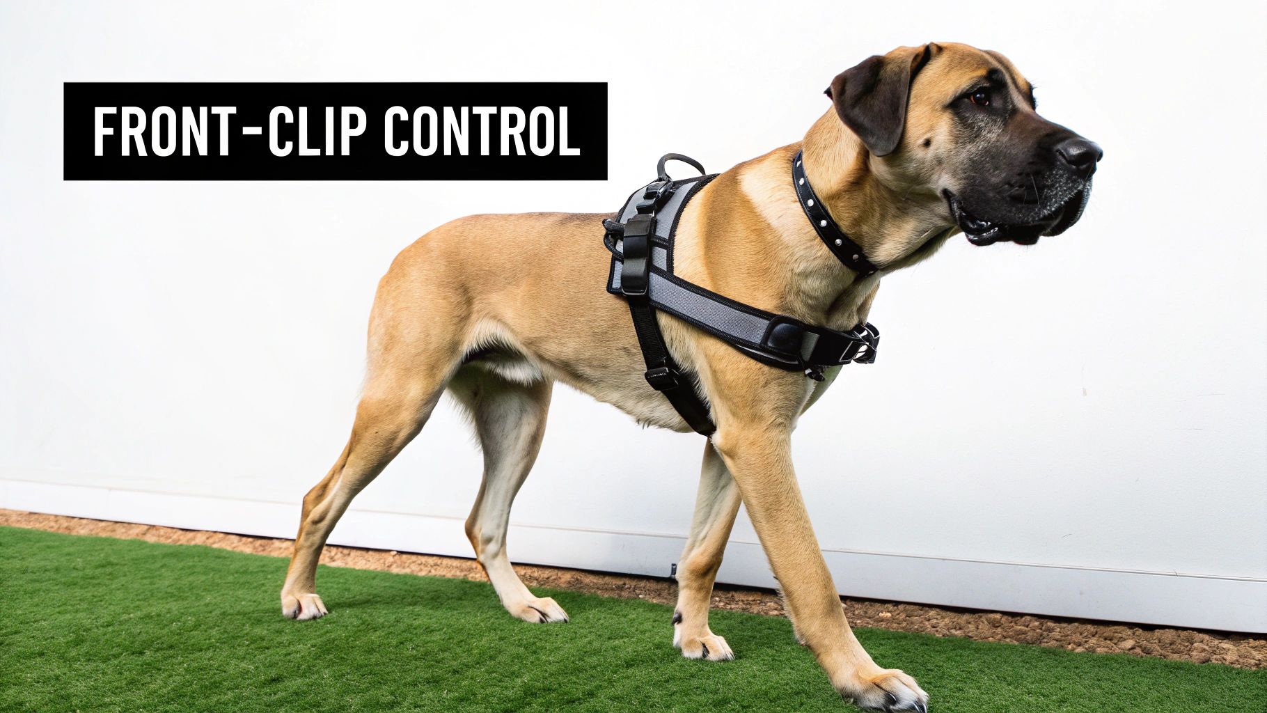 A large tan and black dog wears a grey front-clip harness, walking on artificial grass.