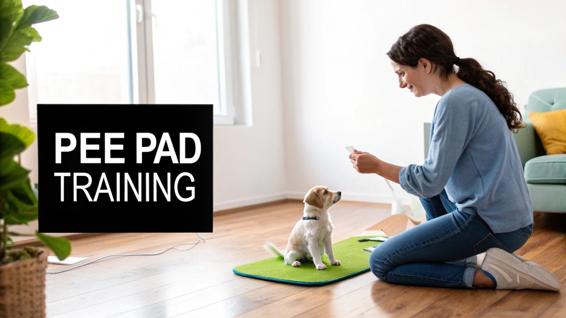 A smiling woman kneels, training a small puppy on a green pee pad, with 'Pee Pad Training' text.